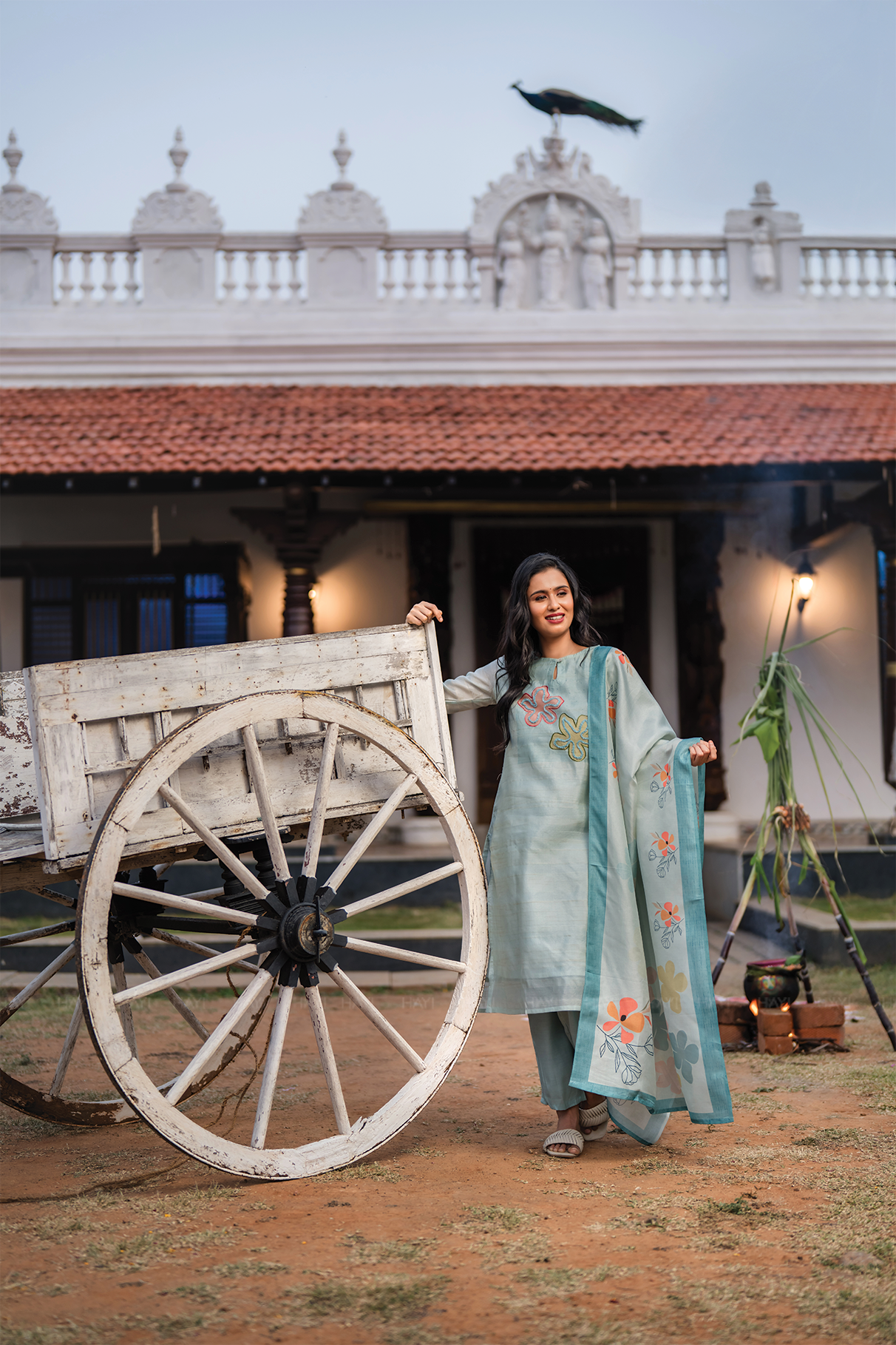 Blueish Blue 3 Piece Tussar Silk Blend Printed Hand-Embroidered Kurta with Pant &amp; Dupatta