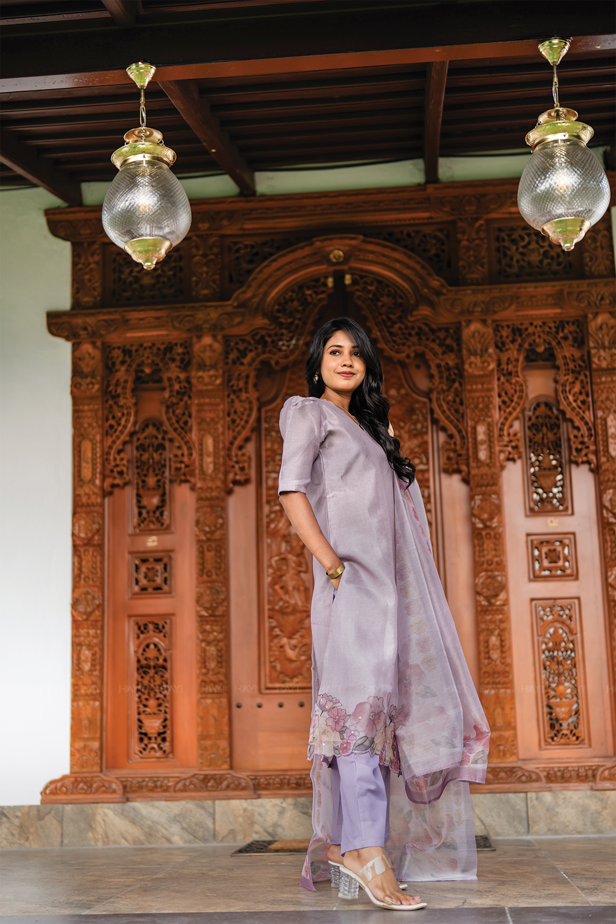 Lilac Blossom 3 Piece Crush Silk Blend Hand-Embroidered Kurta with Pant &amp; Dupatta