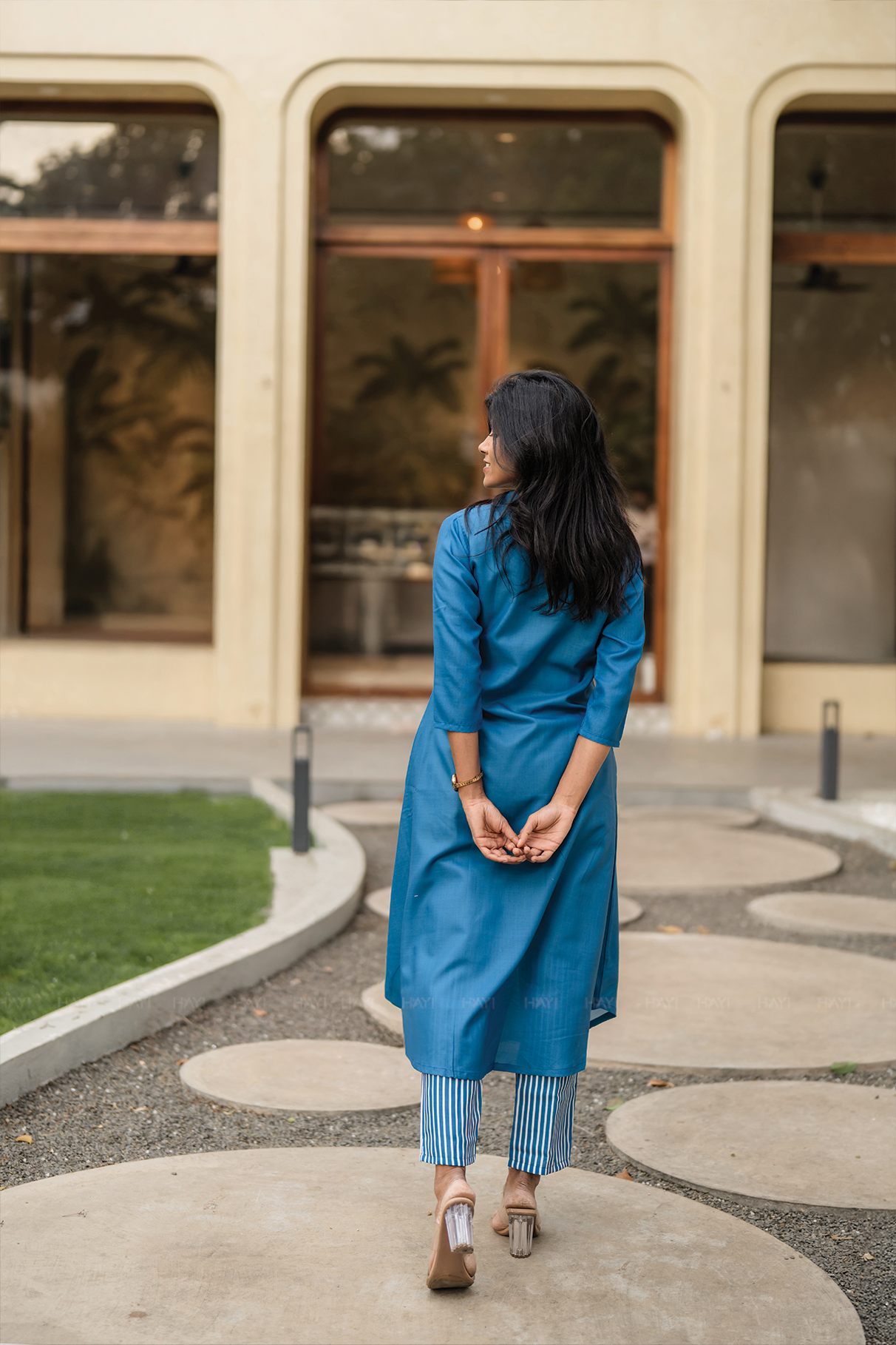 Moonbloom Stride Blue Linen Blend A-Line Kurta Set with Shirt Collar &amp; Placement Print
