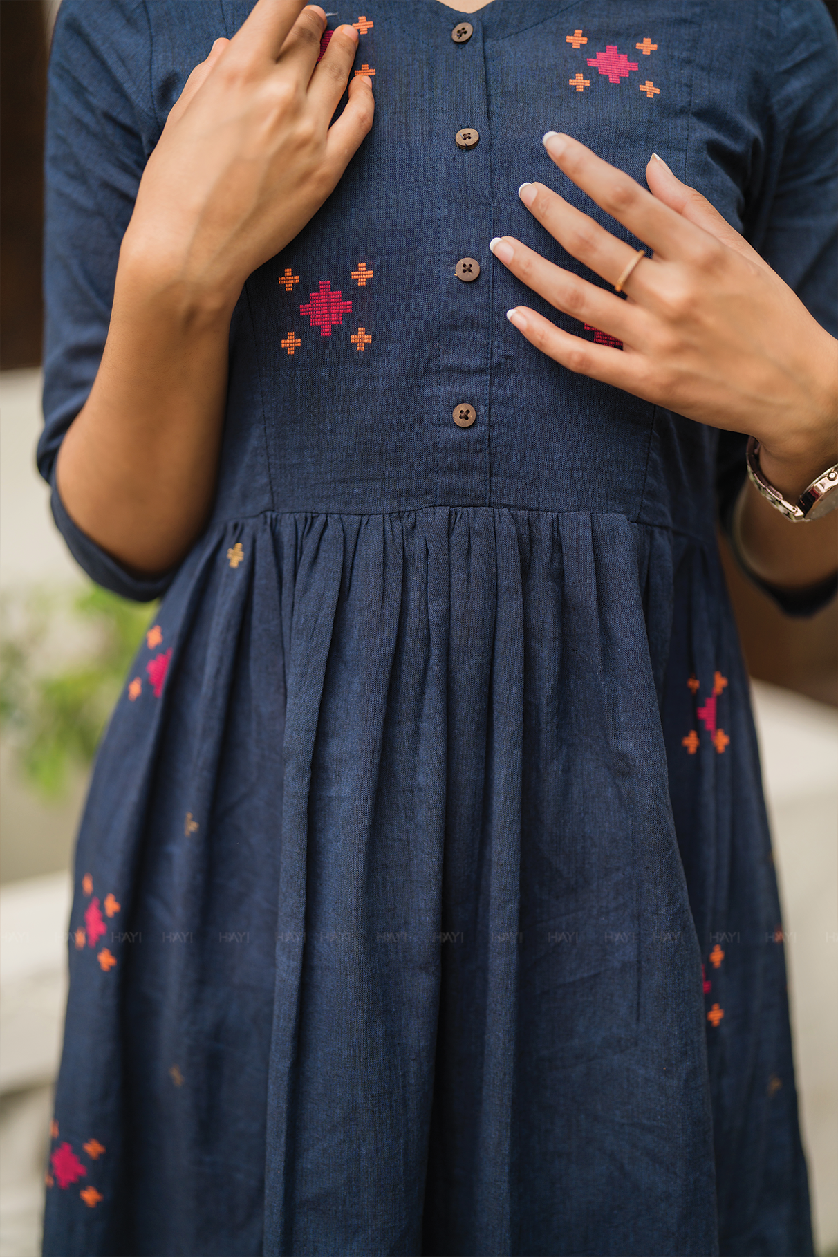 Smoke wood Gray Handloom Dress with V-Neck &amp; Elbow Sleeves