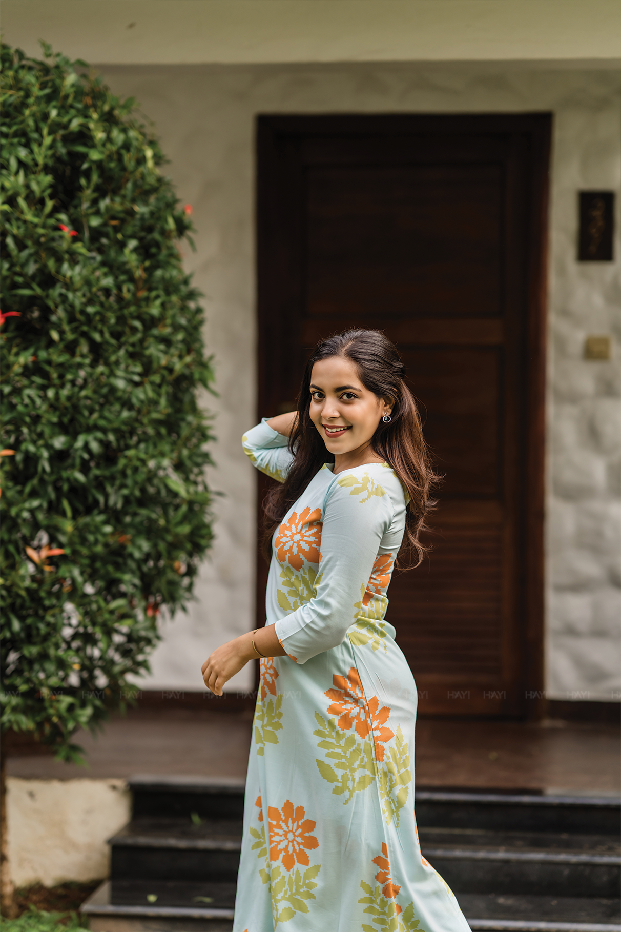 Aacral Blossom Blue Viscose Dress with Boat Neck &amp; Floral Print