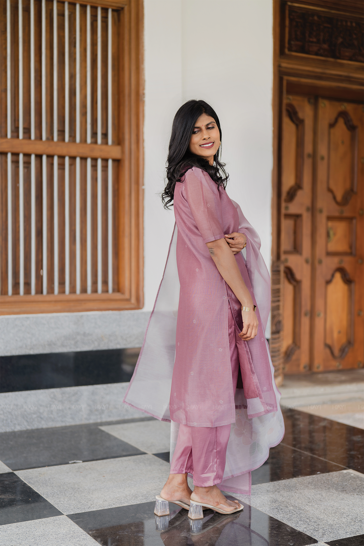 Pinkshift Shimmer 3 Piece Tissue Hand-Embroidered Kurta with Pant &amp; Dupatta