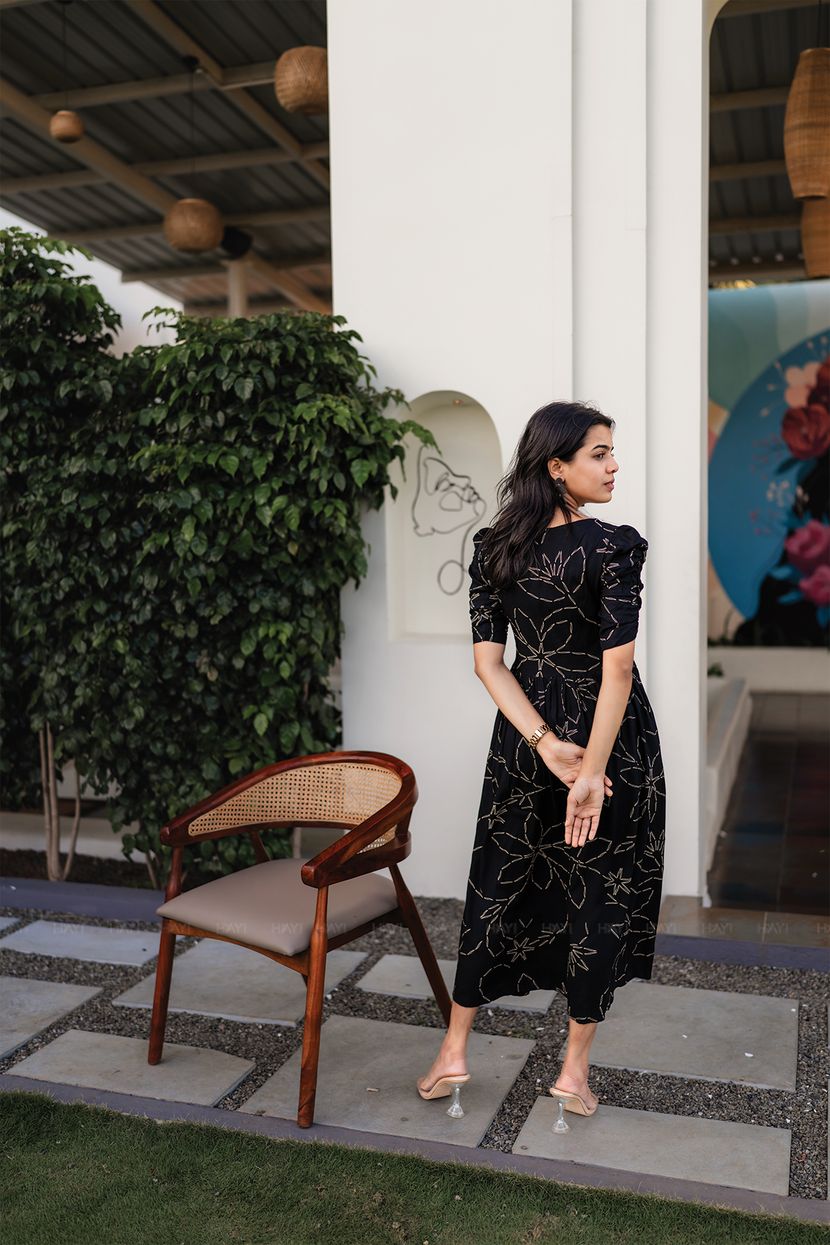 Night Fable Black Viscose Dress with Sweetheart neck &amp; Ruched Sleeves