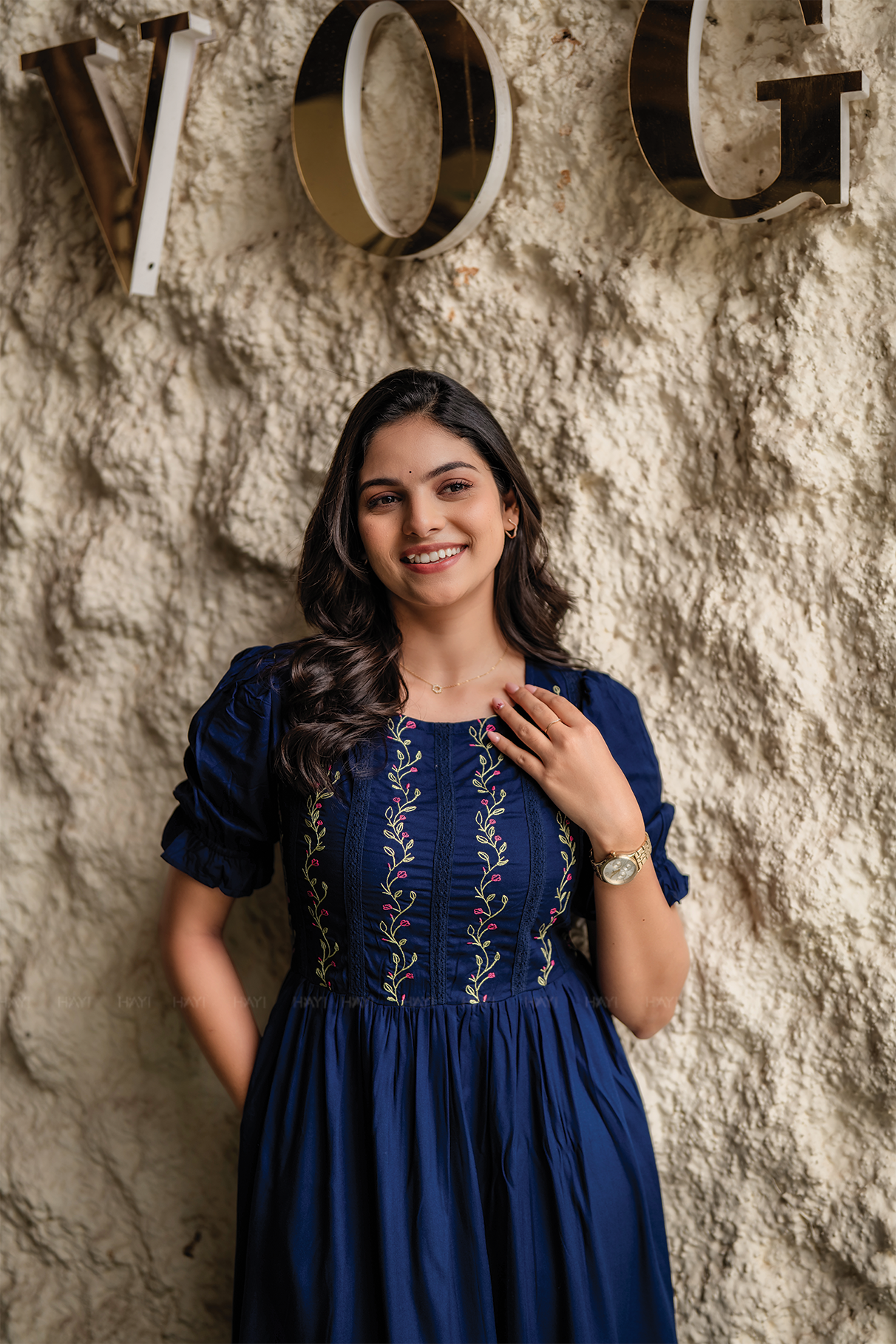 Rosevine Whisper Navy Embroidered Viscose Dress with Boat Neck &amp; Elbow-Length Puff Sleeves