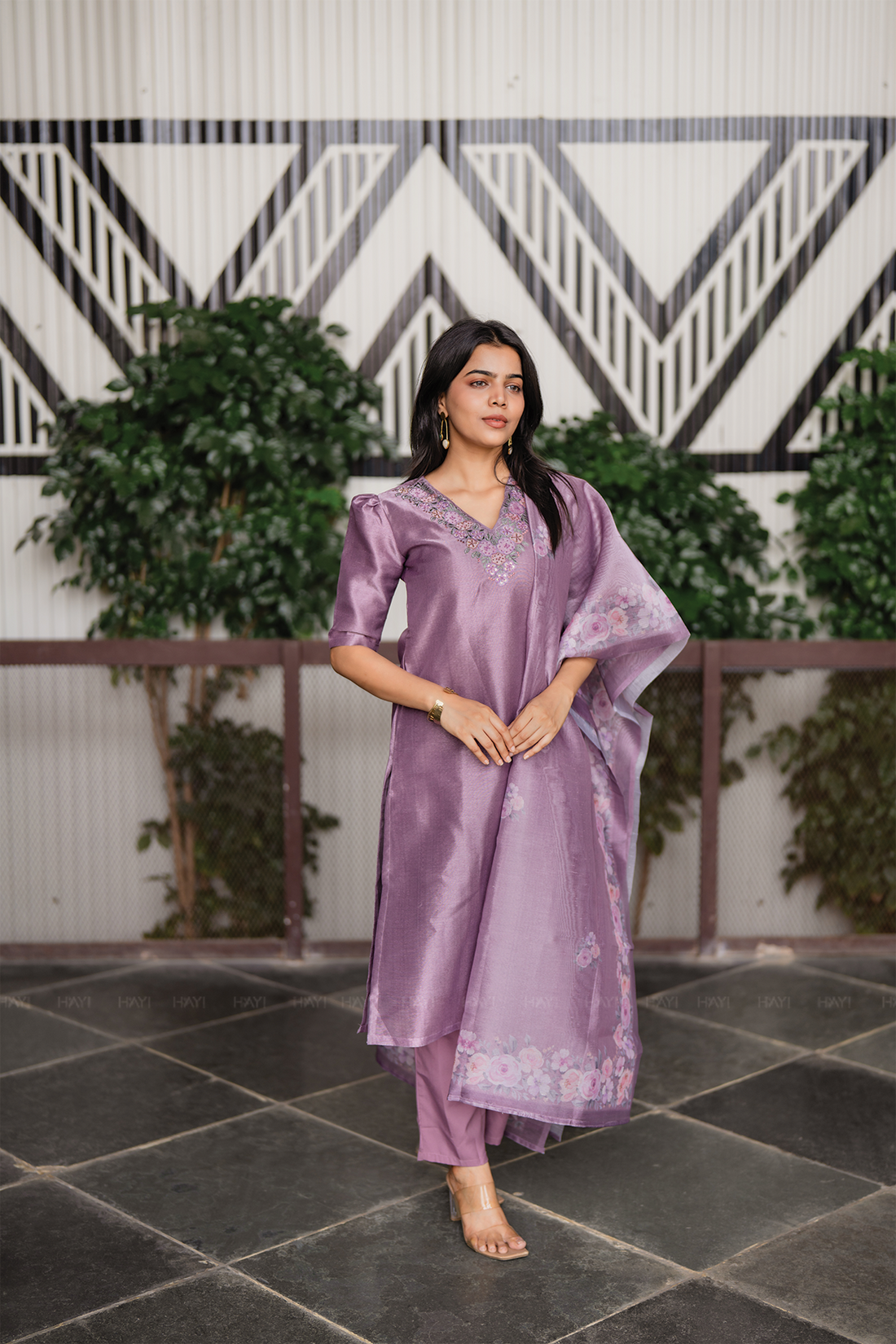 Divine Lilac Lavender Embroidered 3 Piece Organza Silk Blend Kurti Set with Dupatta