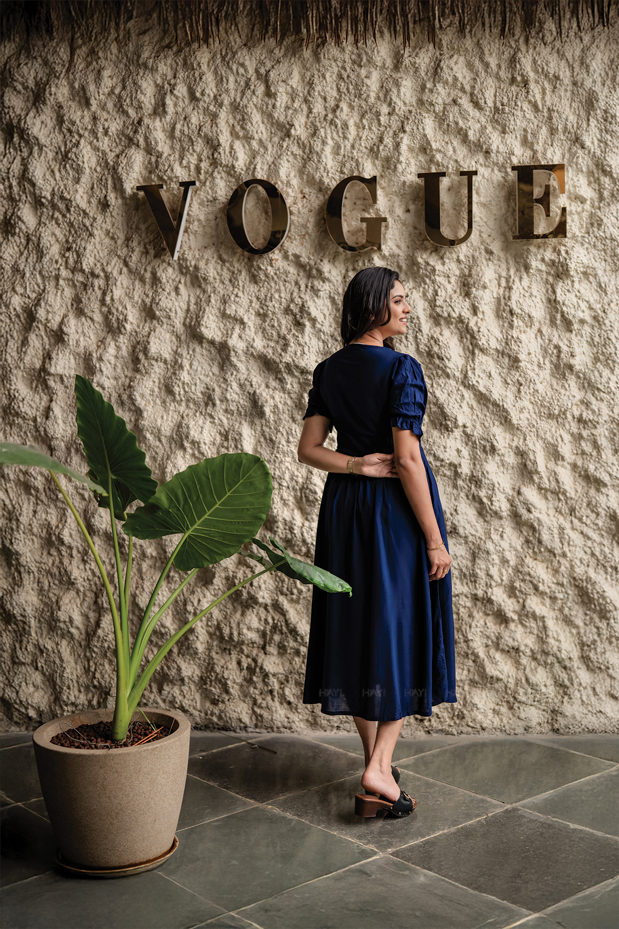 Rosevine Whisper Navy Embroidered Viscose Dress with Boat Neck &amp; Elbow-Length Puff Sleeves