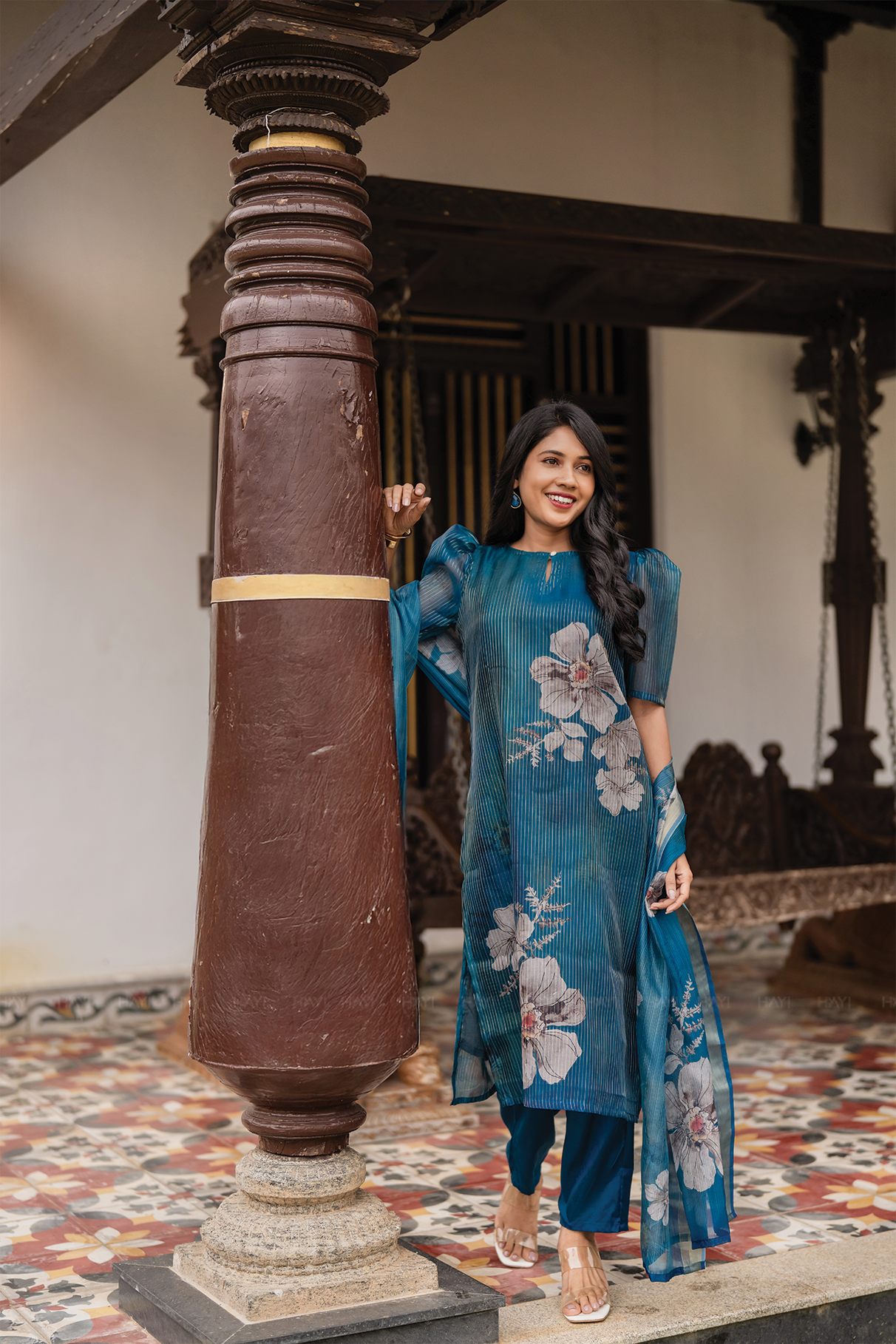 Lagoon Petals 3 Piece Peacock Blue Organza Printed Kurta with Pant &amp; Dupatta