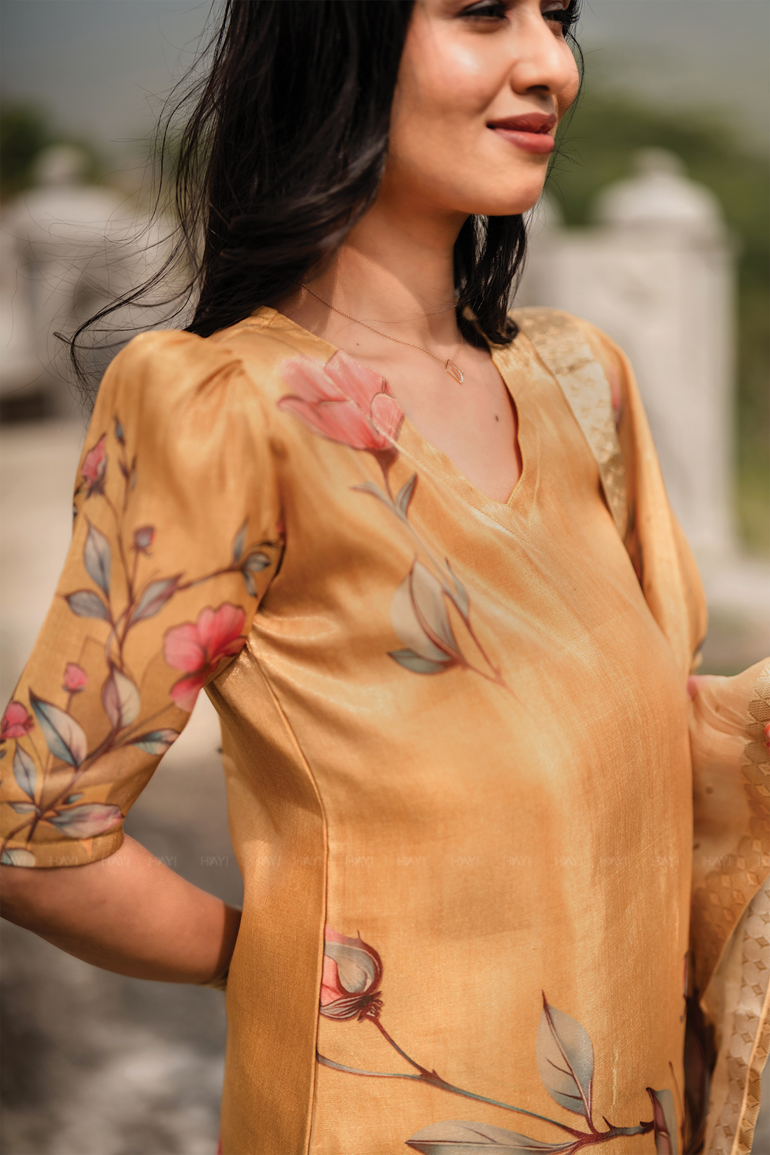 Floral Silkshine Yellow 3 Piece Shimmer Tissue Blend Floral Placement Printed Kurta with Pant &amp; Dupatta