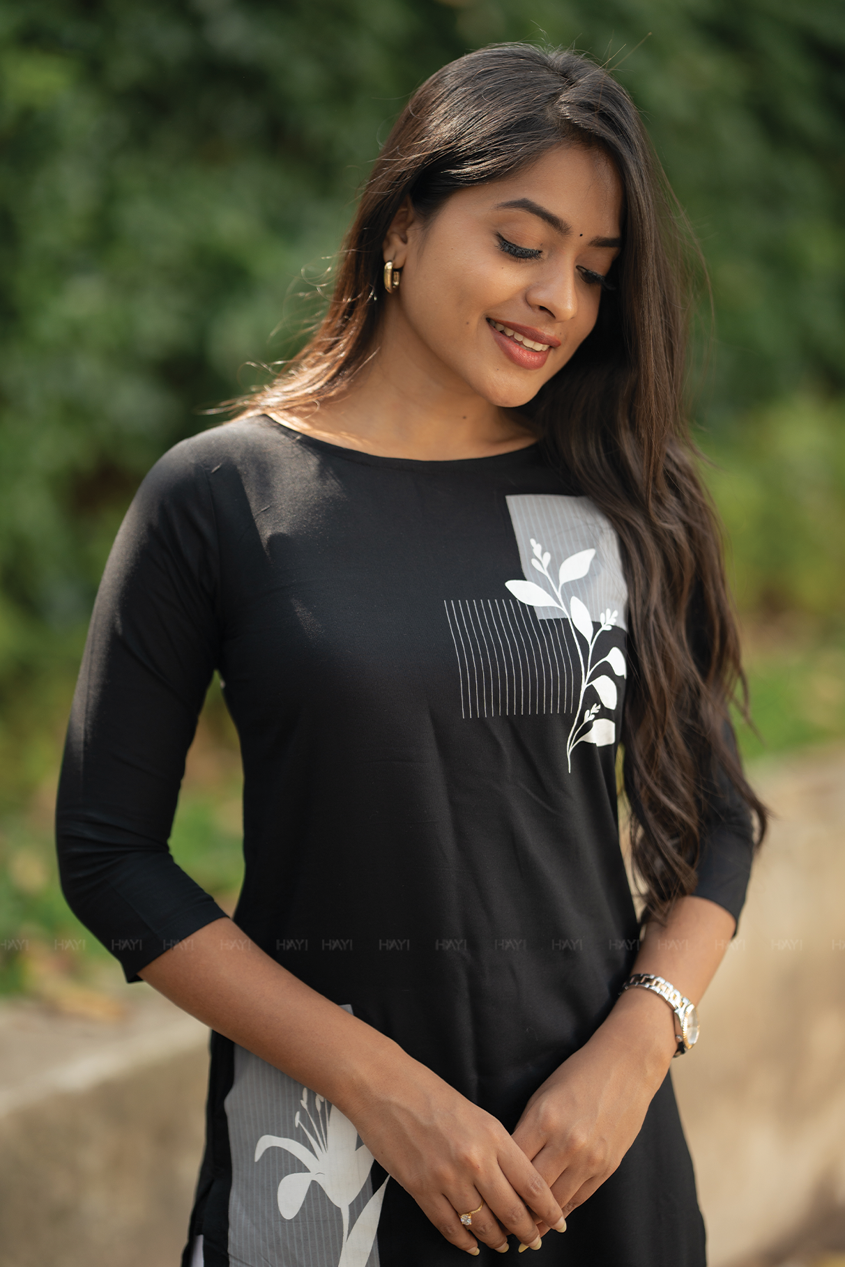 Obsidian Bloom Black Viscose Kurta with Boat Neck &amp; 3/4 Sleeves