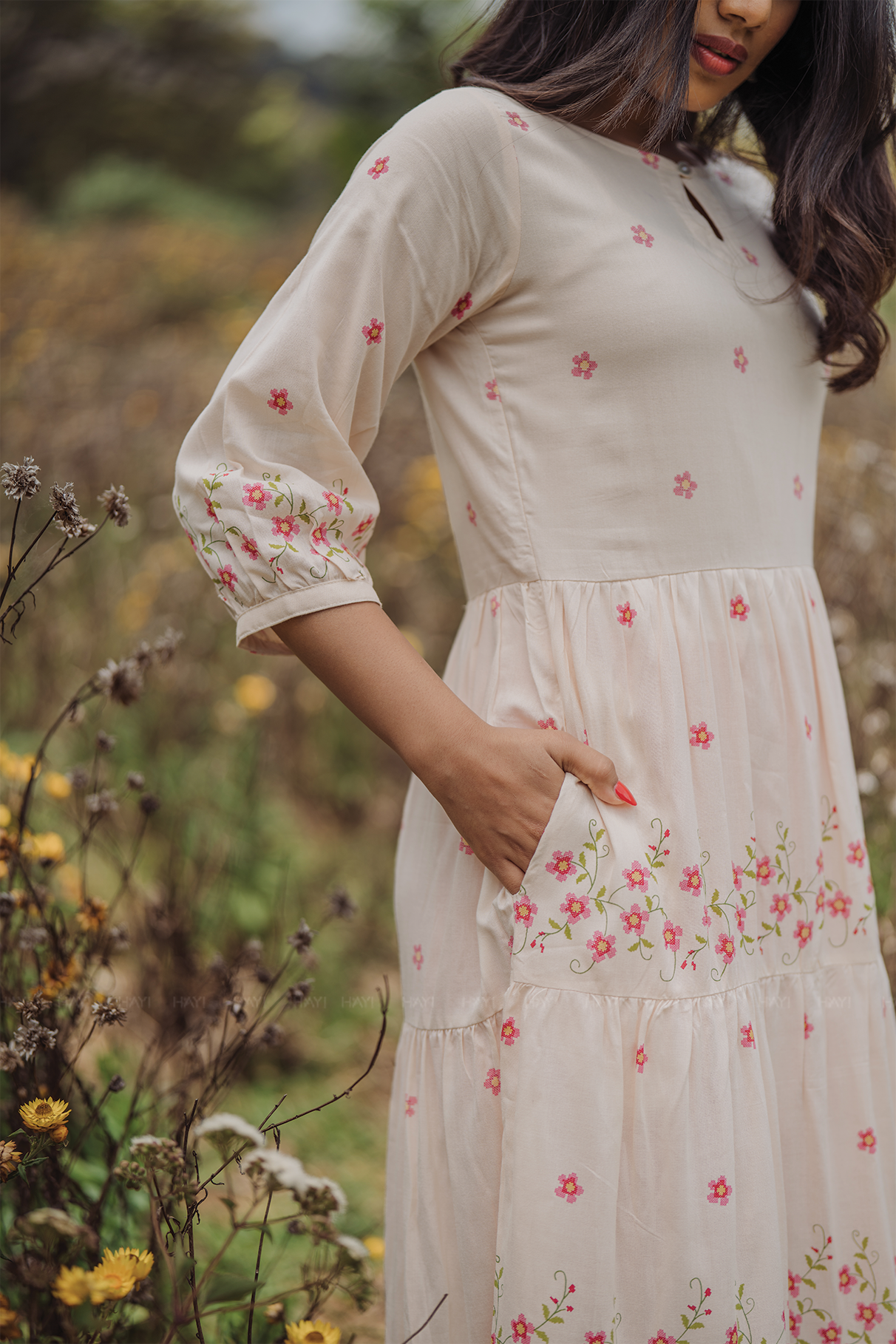 Rosebud Lil Beige Viscose with Boat Neck &amp; Sleeve with cuff