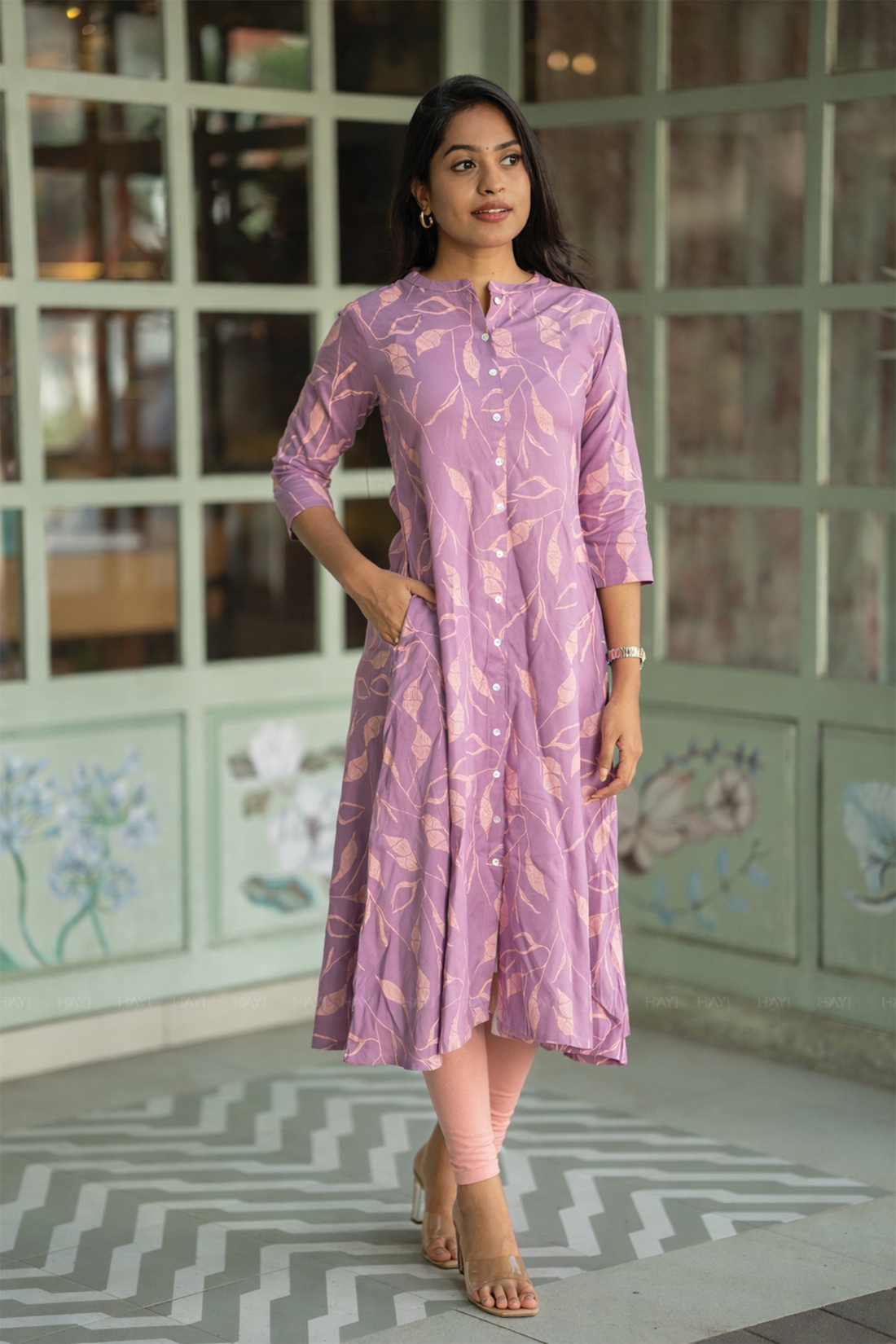 Rustic Fern Pink Viscose A-Line Kurta with Chinese Collar &amp; 3/4th Sleeves