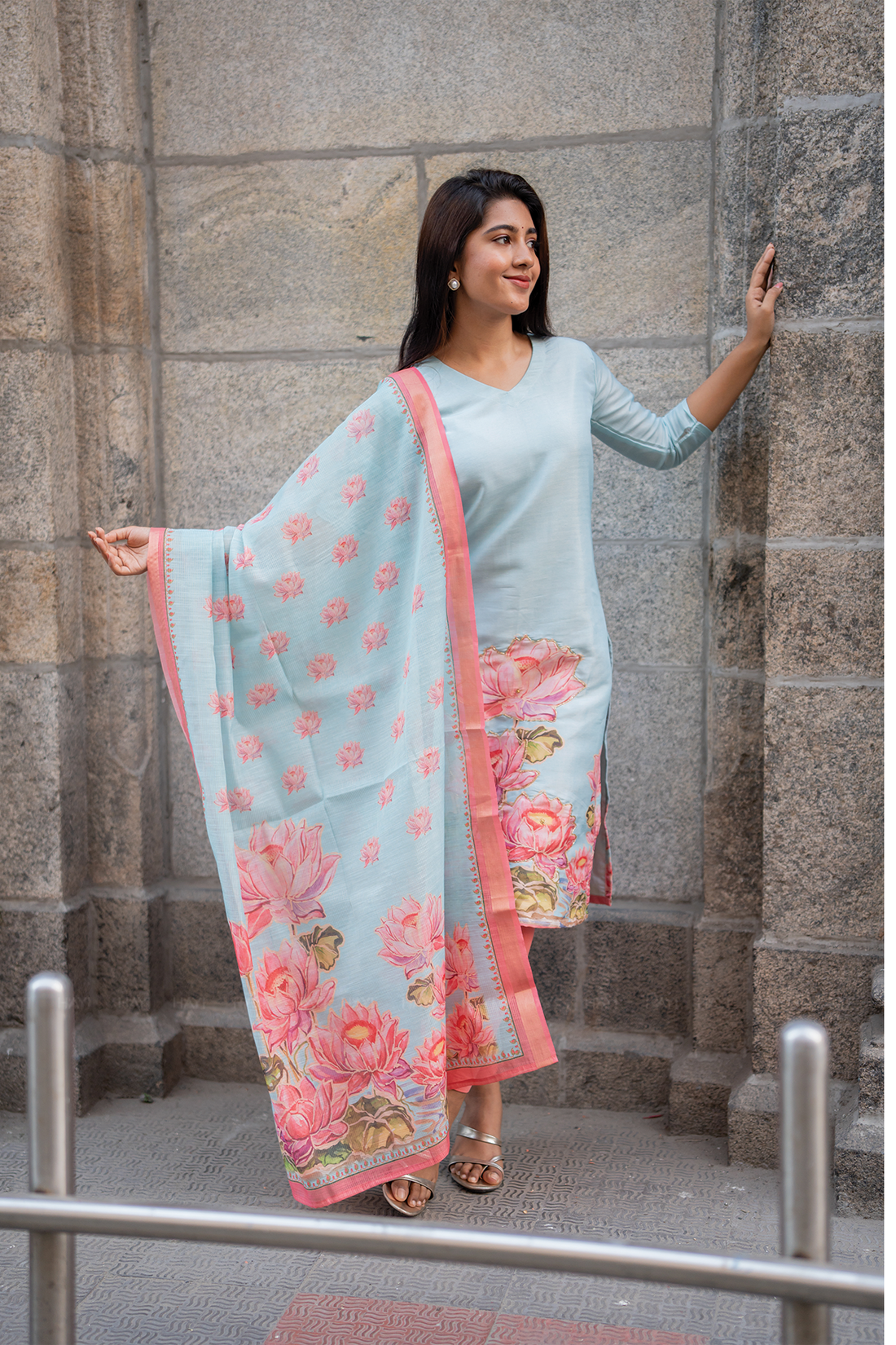 Lotus Mist Blue Printed 3 Piece Shimmer Tissue Kurti Set with Dupatta
