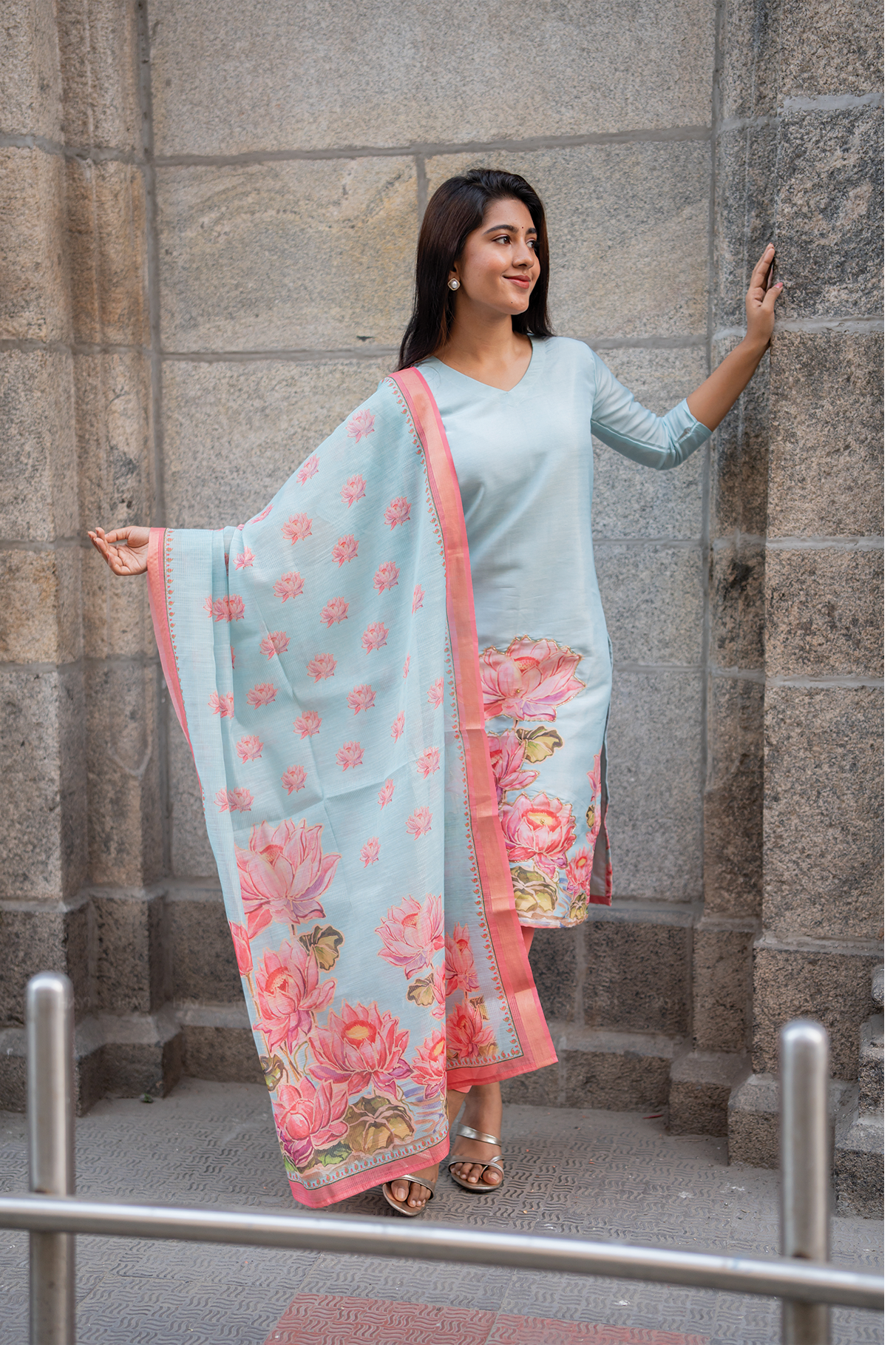 Lotus Mist Blue Printed 3 Piece Shimmer Tissue Kurti Set with Dupatta
