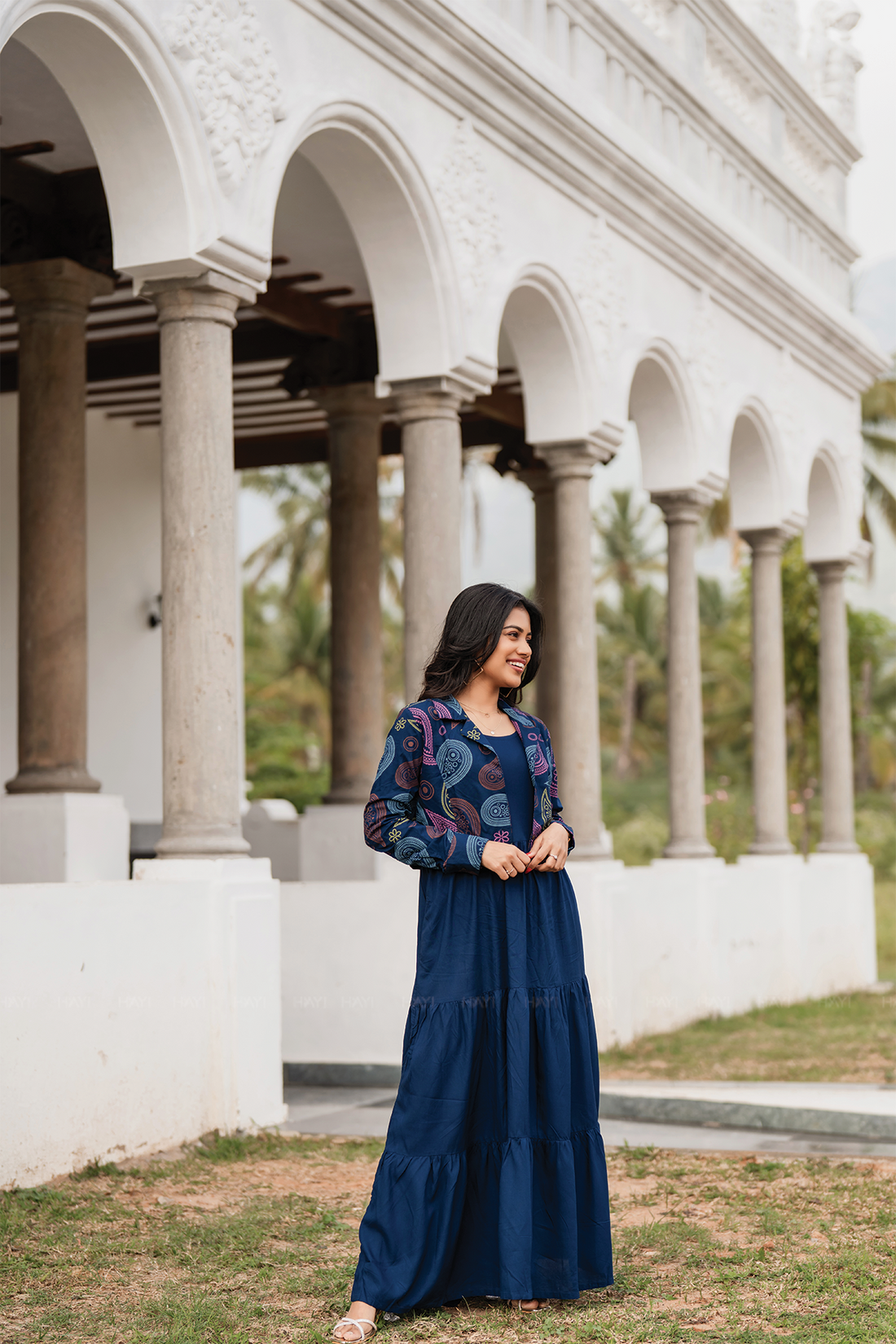 Neelcharm Blue Viscose Dress with Notch Collar Neck &amp; Overcoat