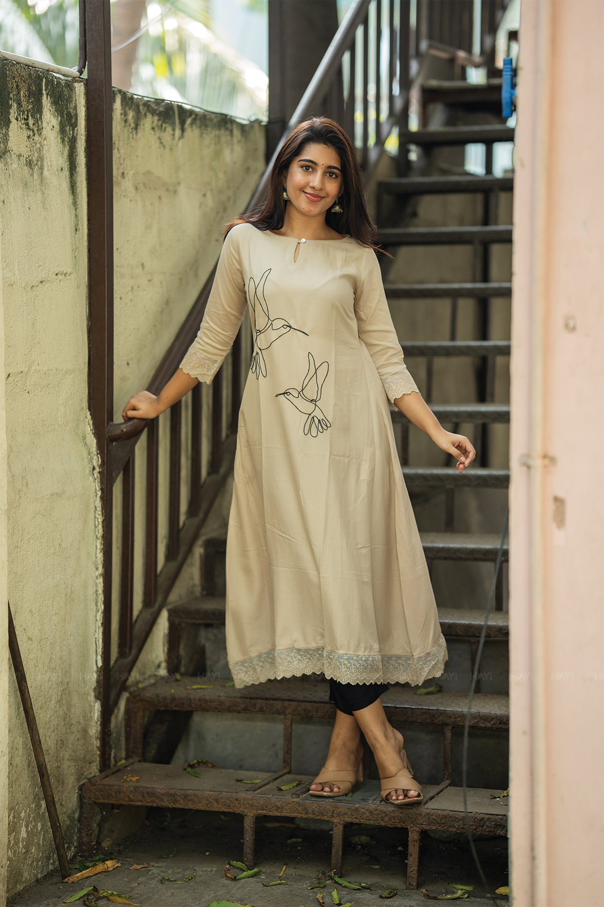 Nira Feather Beige Viscose Embroidered A-Line Kurta with Boat Neck and 3/4 Sleeves