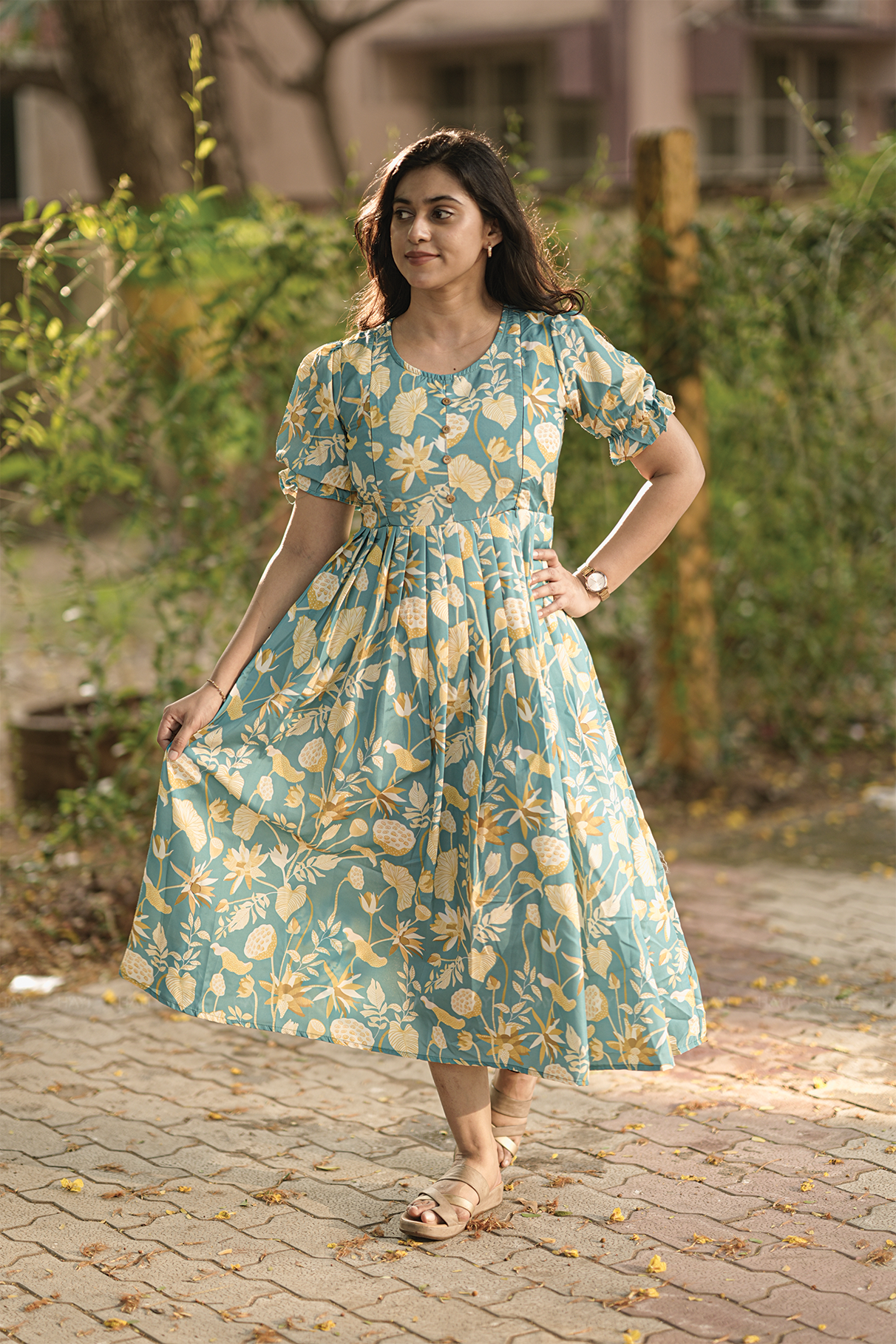 Freshflora Blue Printed Maternity and Feeding Maxi Wear