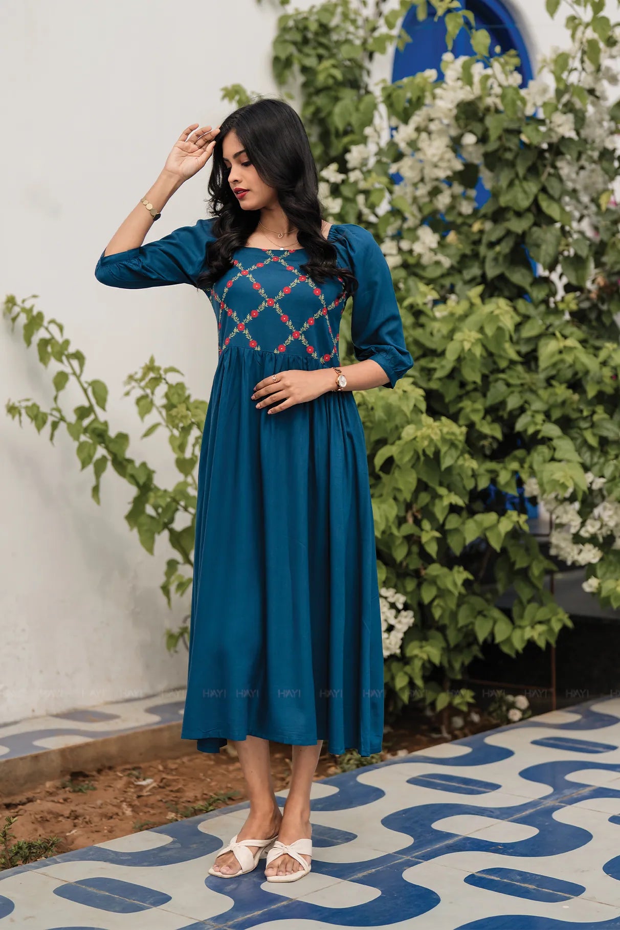 Regal Bloom Teal Viscose Dress with Square Neck &amp; 3/4th Sleeves