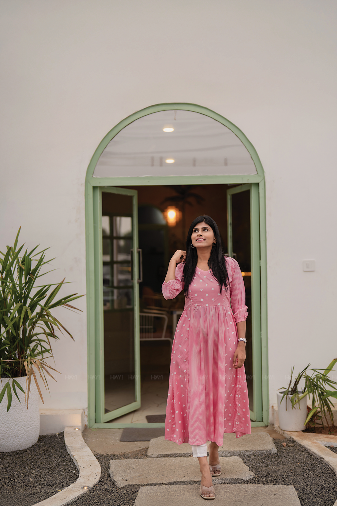 Blush Dot Pink Viscose Dress with V-Neck &amp; 3/4 Sleeves