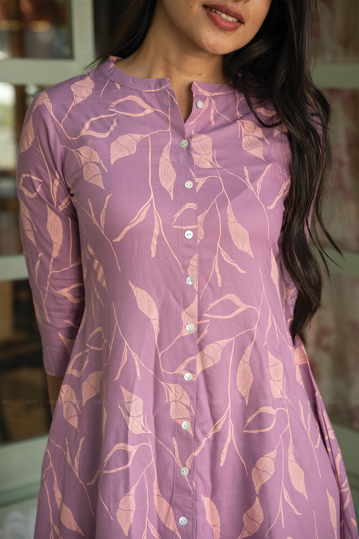 Rustic Fern Pink Viscose A-Line Kurta with Chinese Collar &amp; 3/4th Sleeves