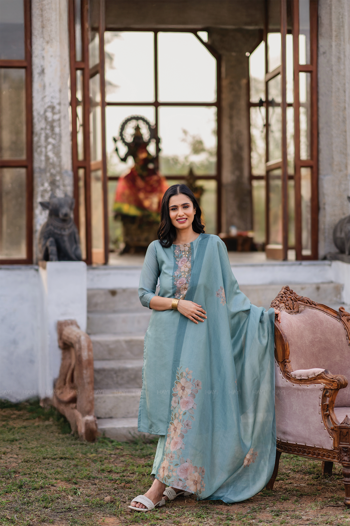 Rustic Charm Green 3 Piece Shimmer Tissue Blend Embroidered &amp; Printed Kurta with Pant &amp; Dupatta