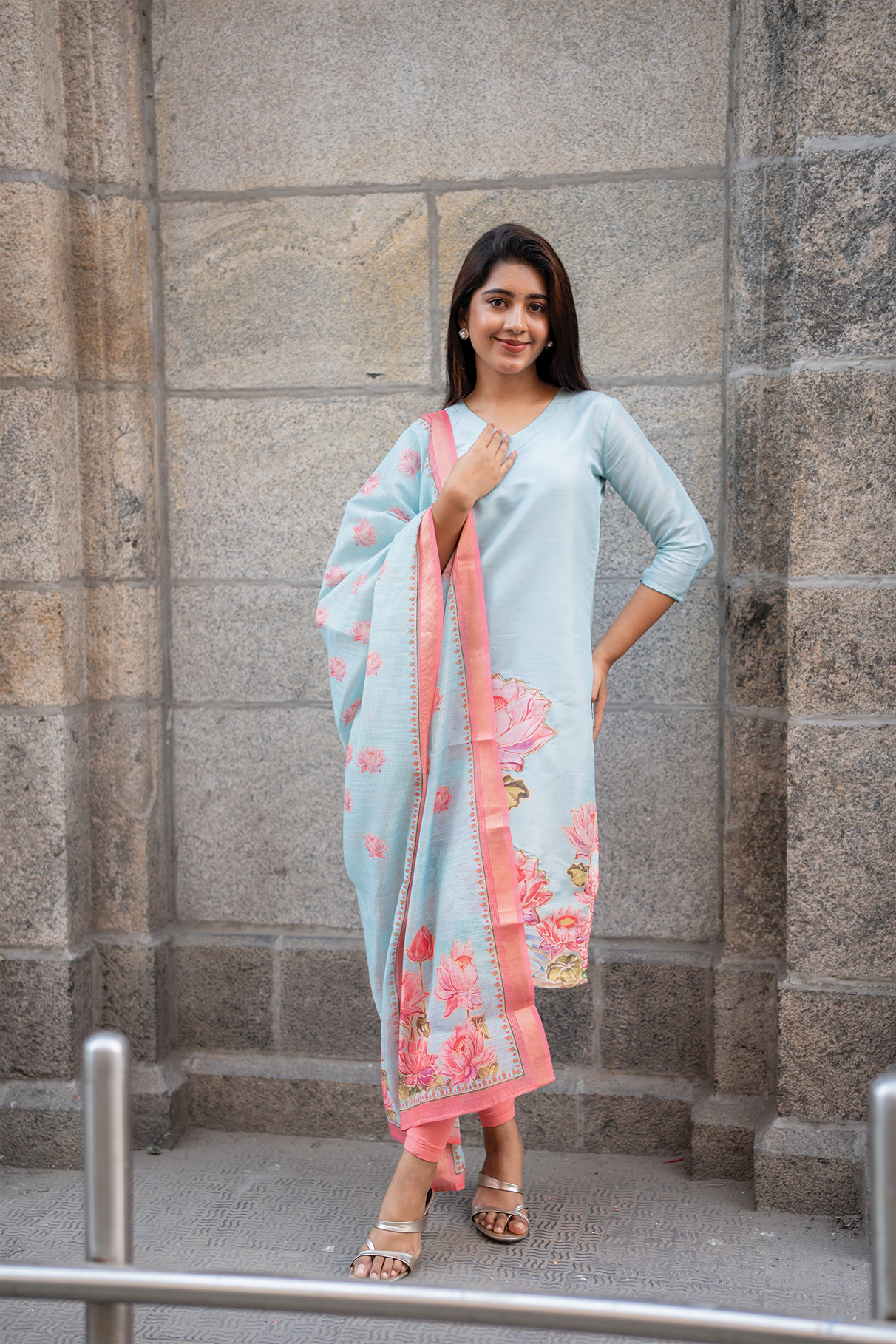Lotus Mist Blue Printed 3 Piece Shimmer Tissue Kurti Set with Dupatta