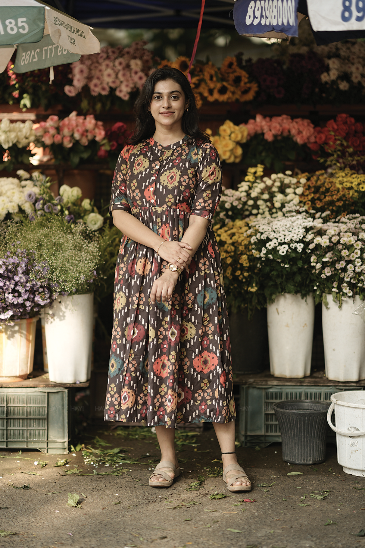 Browie Ikat Brown Printed Maternity and Feeding Maxi Dress