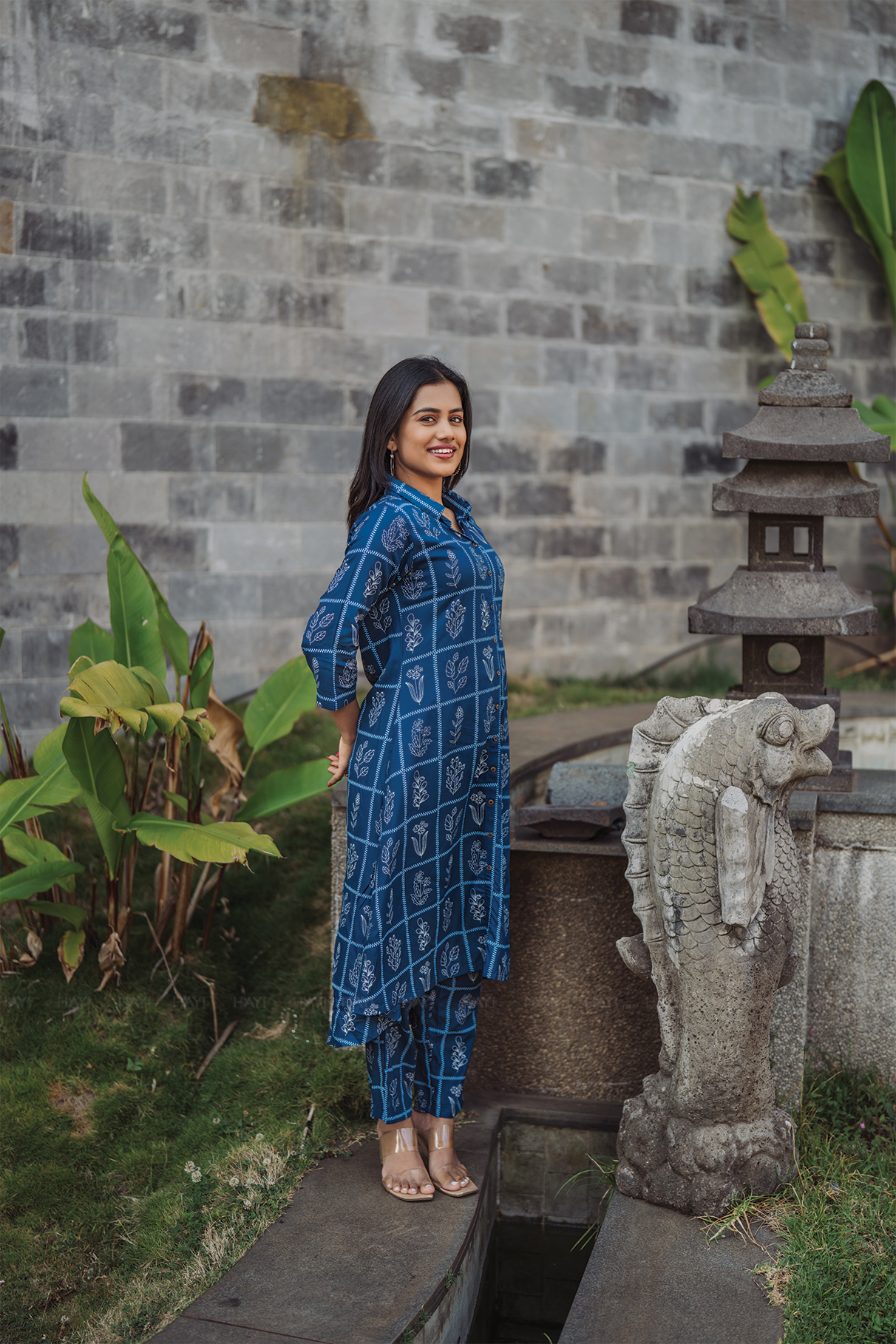 Monarch Shadow Blue Viscose Co-ord with Shirt Collar &amp; 3/4th Sleeves