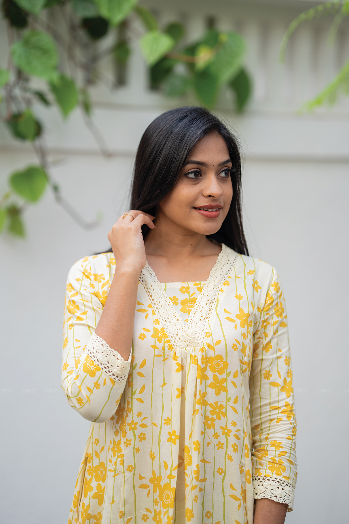 Liora Floral Line Yellow Viscose A-Line Kurta with V-Neck &amp; 3/4th Sleeves
