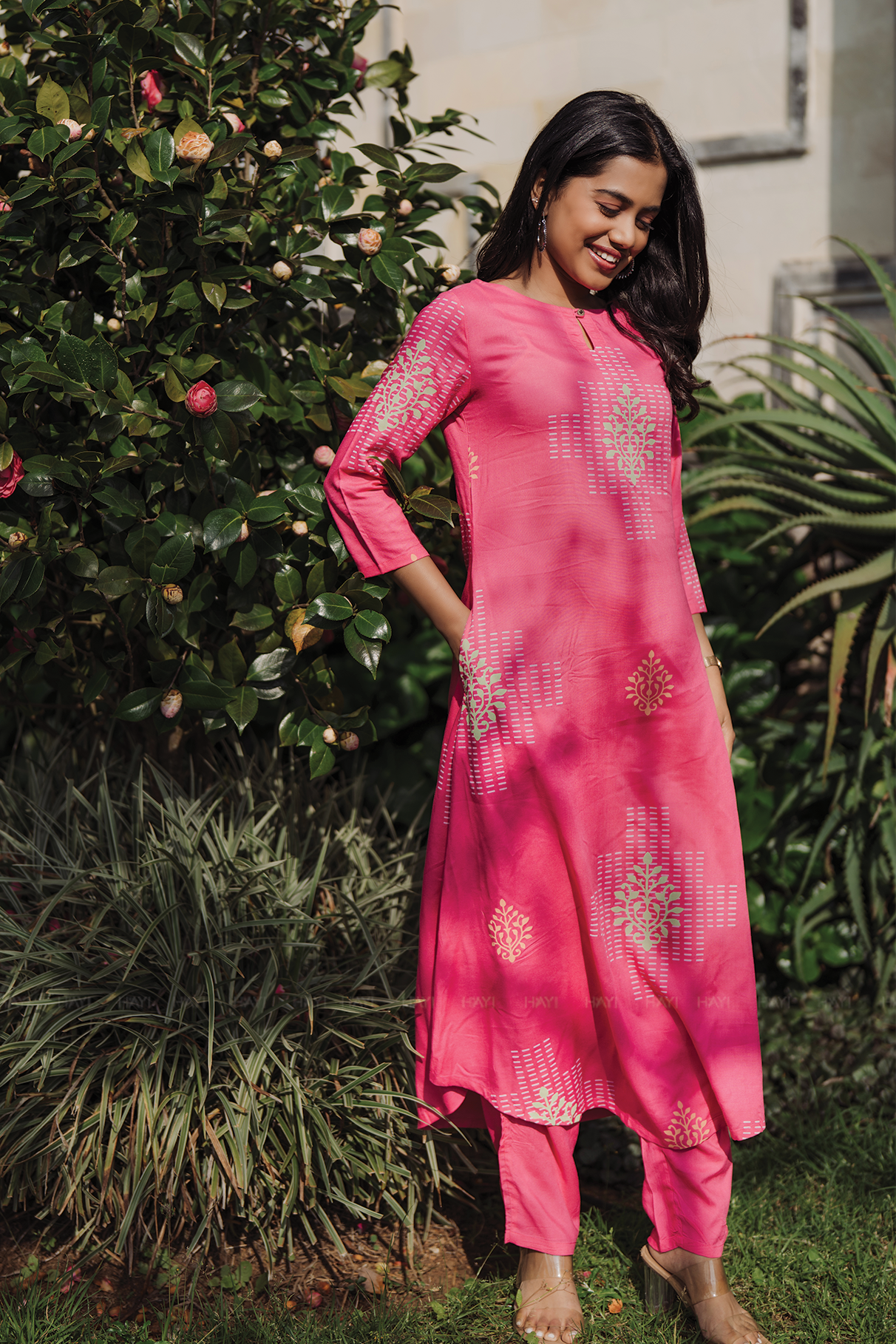 Fuchisa Charm Pink Viscose Co-ord with Boat Neck &amp; 3/4th Sleeves