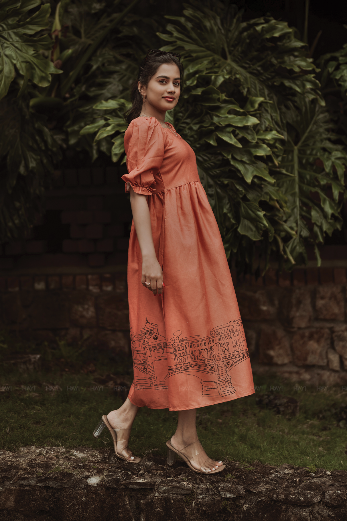 Rustic Cityline Orange Viscose with Square Neck &amp; Puff Frill Sleeves