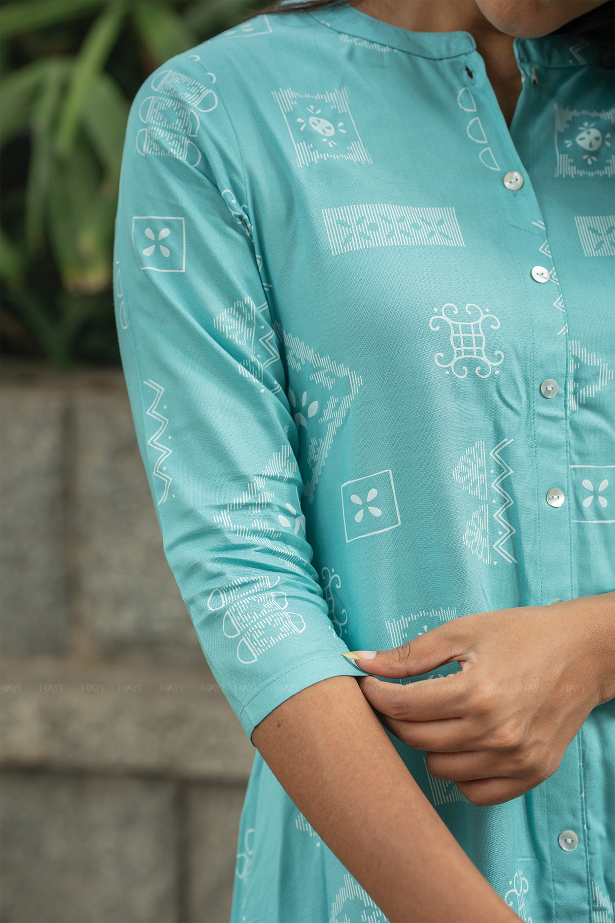 Mist Loom Blue Viscose A-Line Kurta with Chinese Collar &amp; 3/4th Sleeves