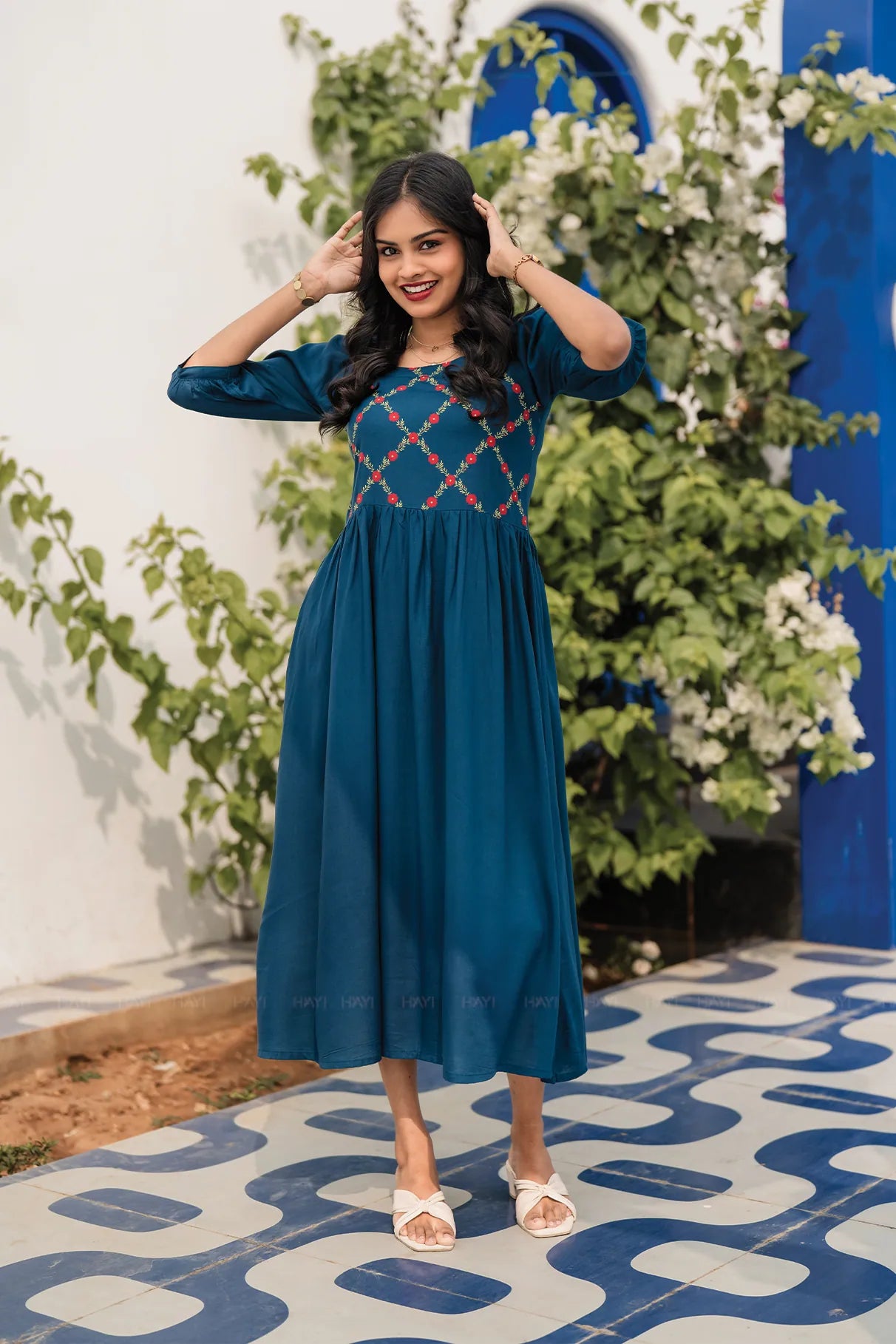 Regal Bloom Teal Viscose Dress with Square Neck &amp; 3/4th Sleeves