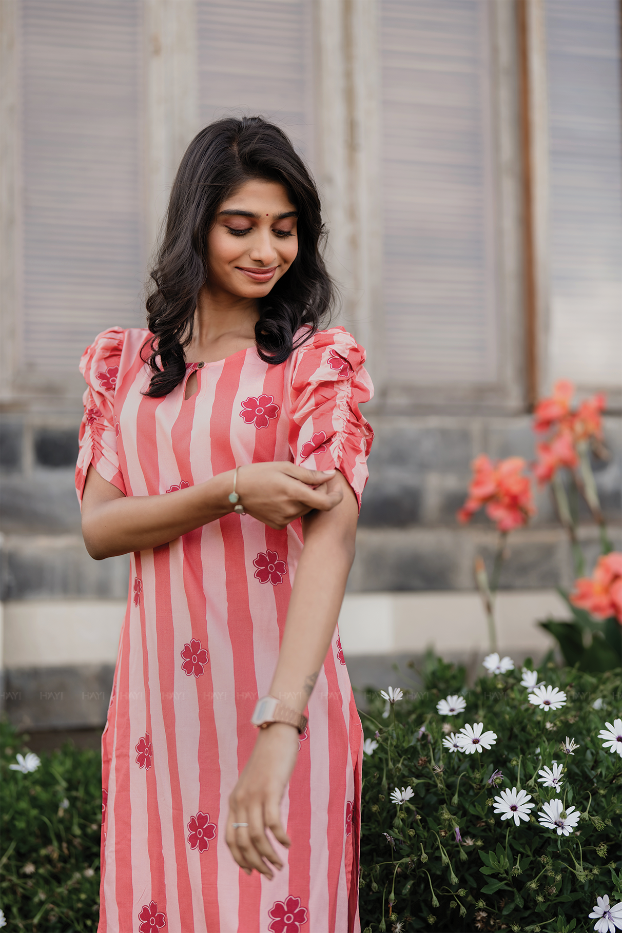 Peachy Stripes Viscose Kurta with Ruched Sleeves