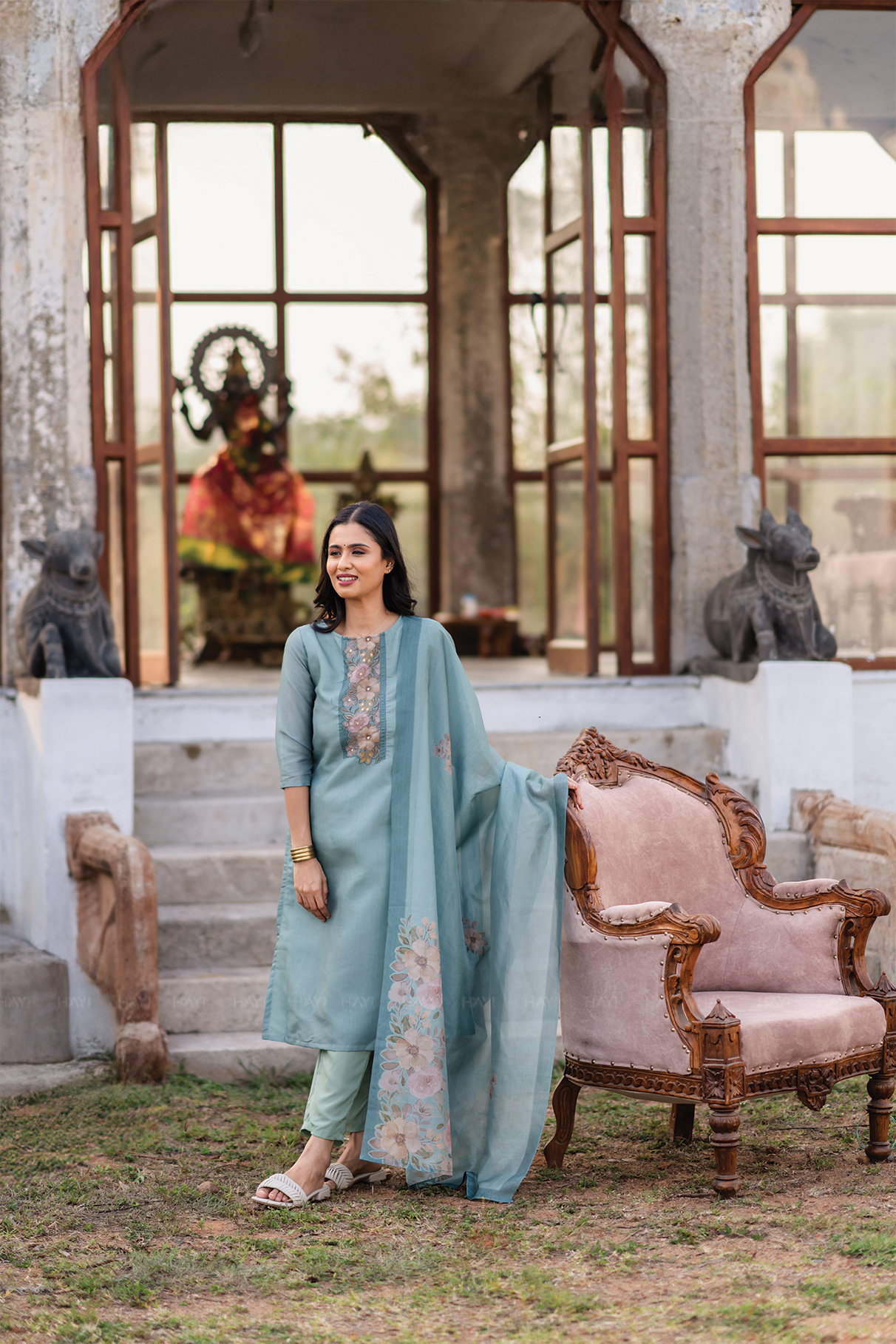 Rustic Charm Green 3 Piece Shimmer Tissue Blend Embroidered &amp; Printed Kurta with Pant &amp; Dupatta