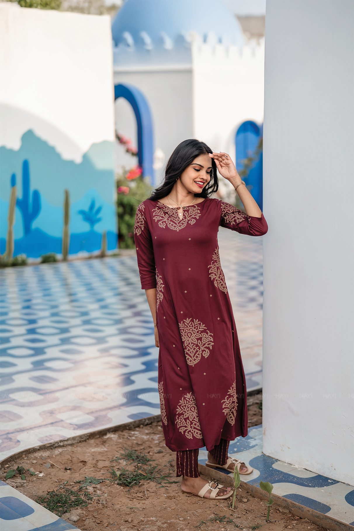 Bronza Aura Brown Viscose Co-ord with Boat Neck &amp; 3/4th Sleeves