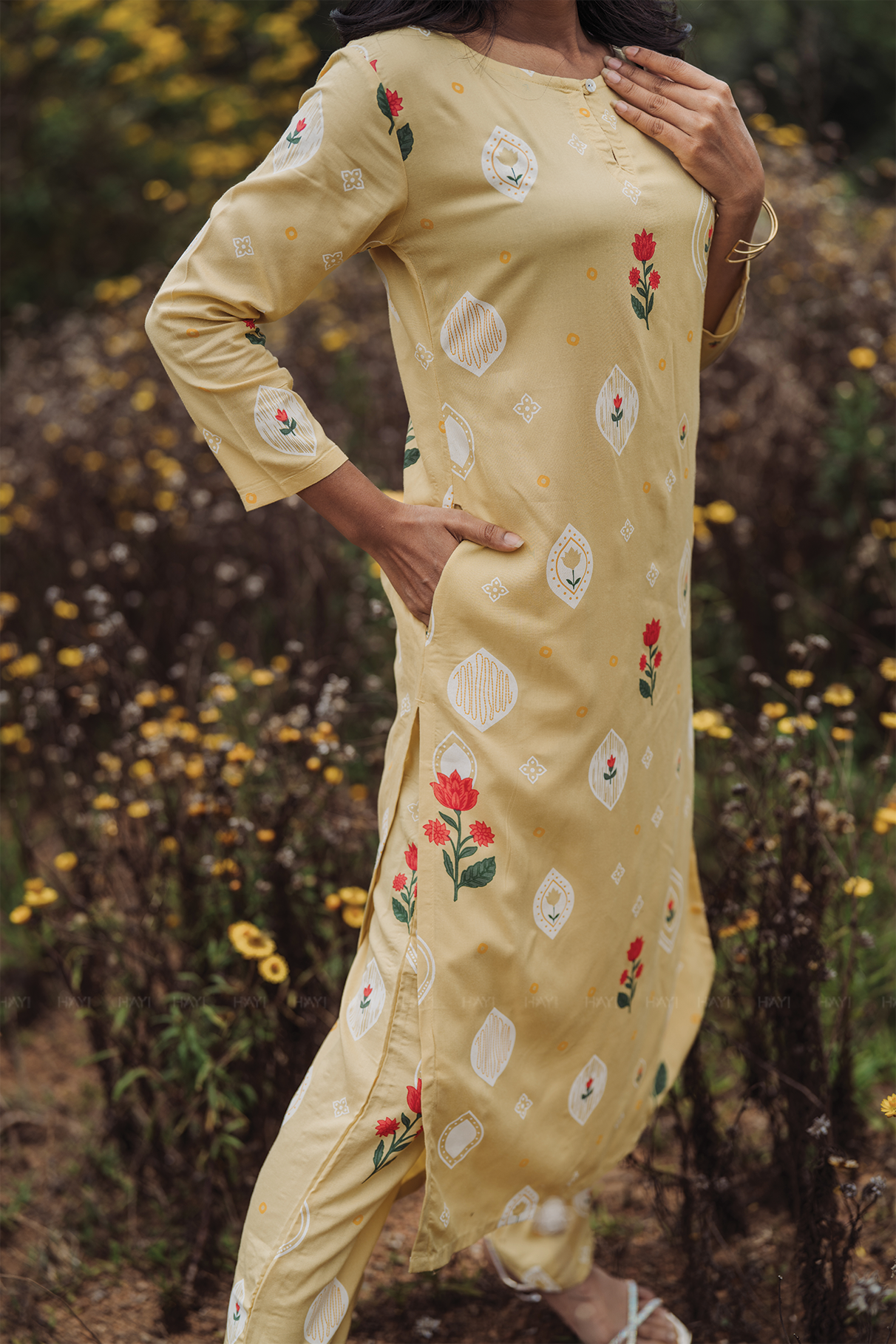 Lumea Bloom Yellow Viscose Co-ord with Boat Neck &amp; 3/4th Sleeves