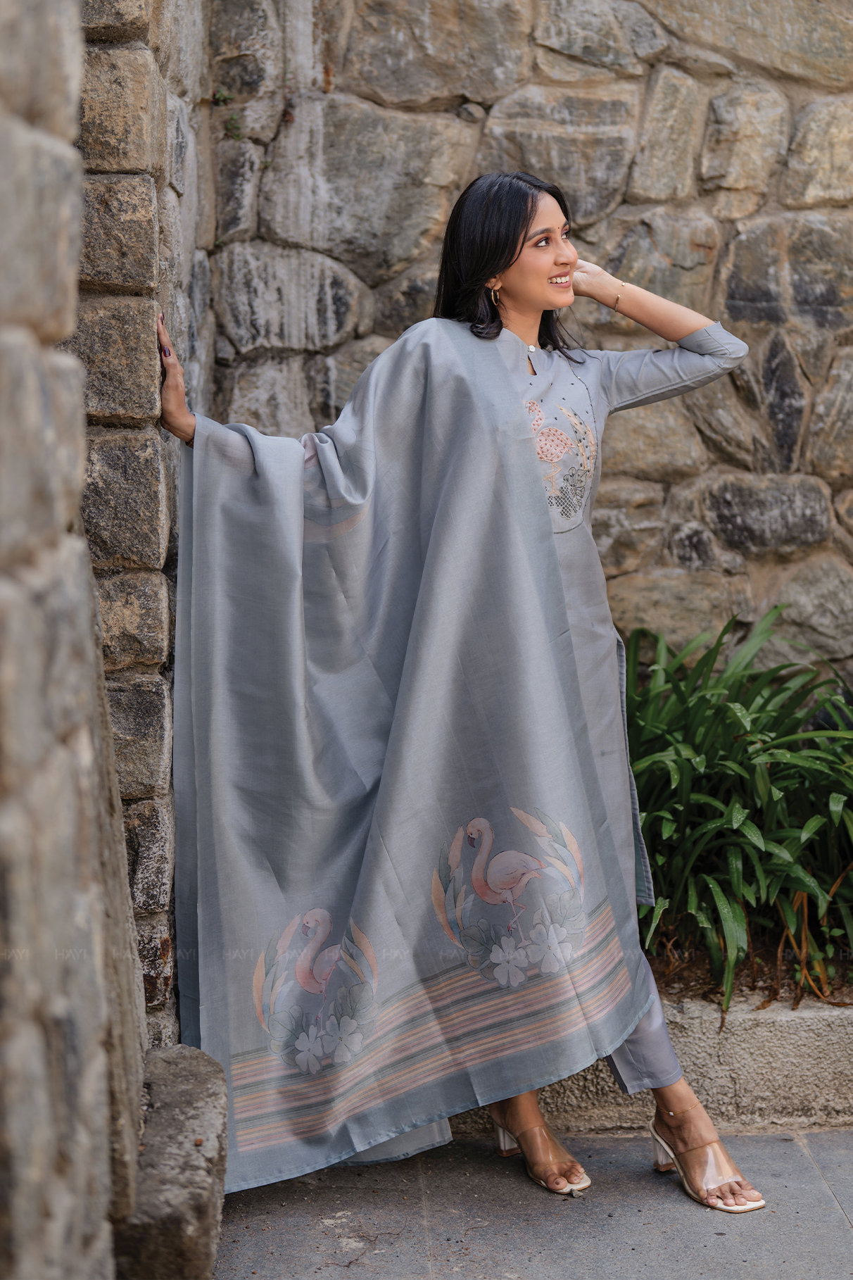 Swanstone Grey Embroidered Tussar Silk Kurta Set