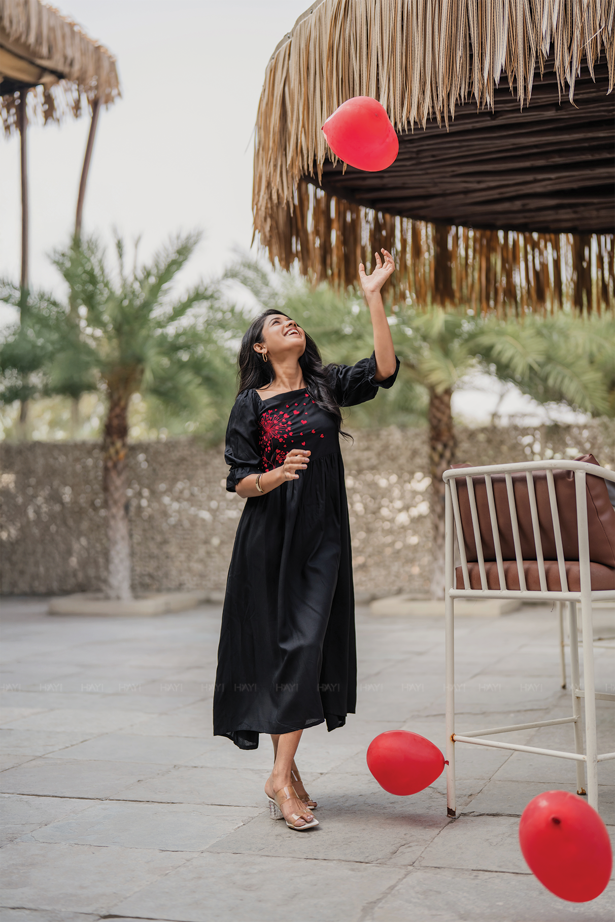Wounded Rose Black Viscose Embroidered Dress with Square Neck &amp; Elasticated Frill Sleeve Cuffs