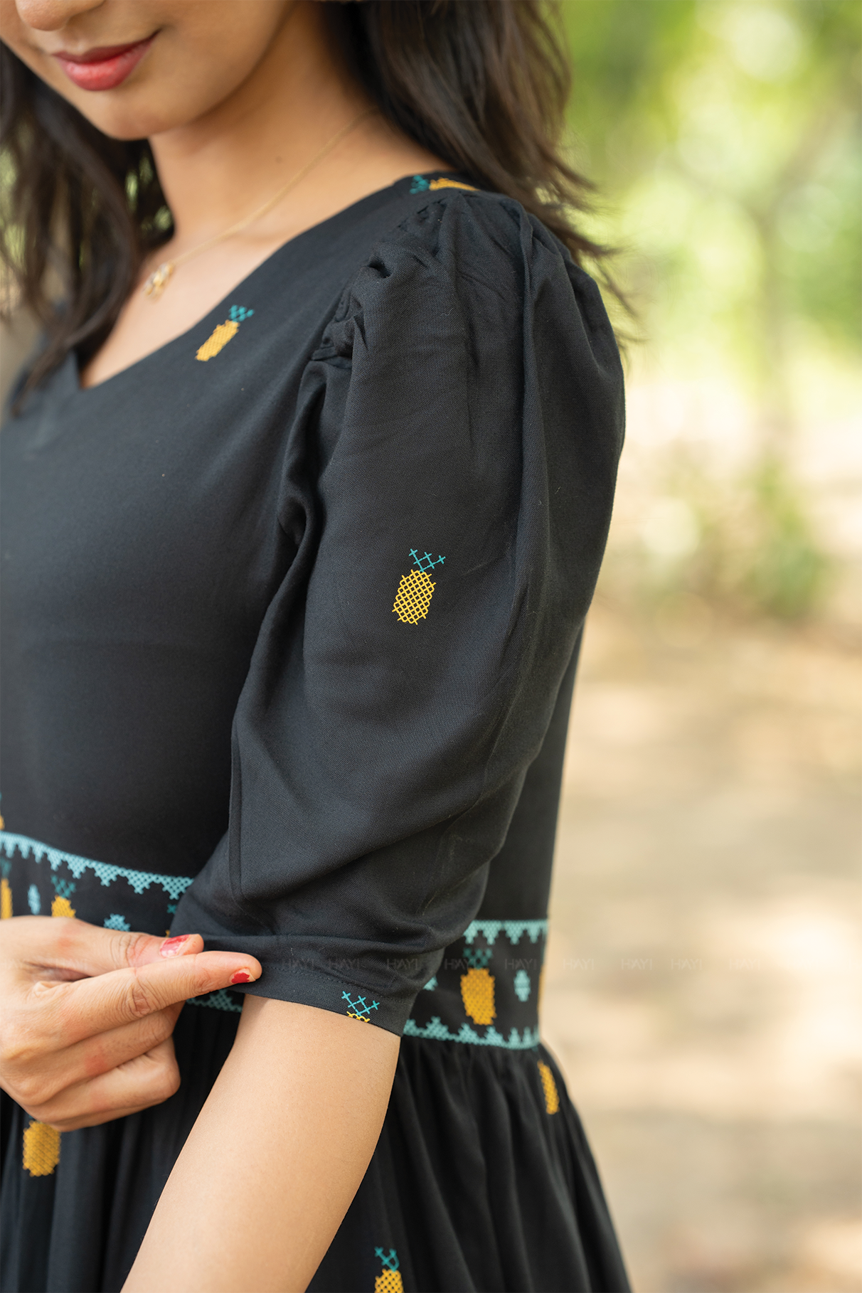 Starry Pineapple Black Viscose with Leg-O-Mutton Sleeves
