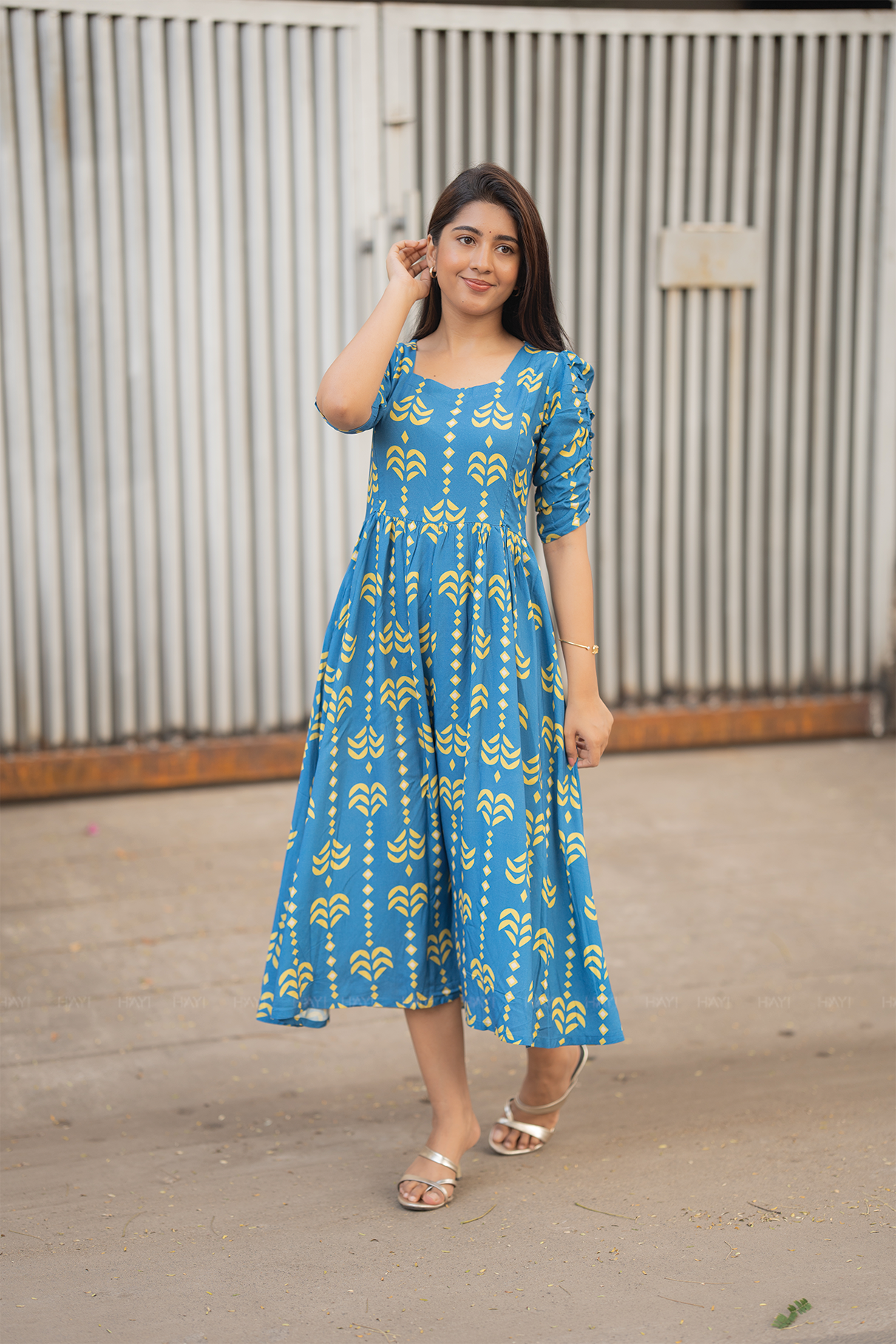 Rhythm Weave Blue Printed Maternity and Feeding Viscose Dress