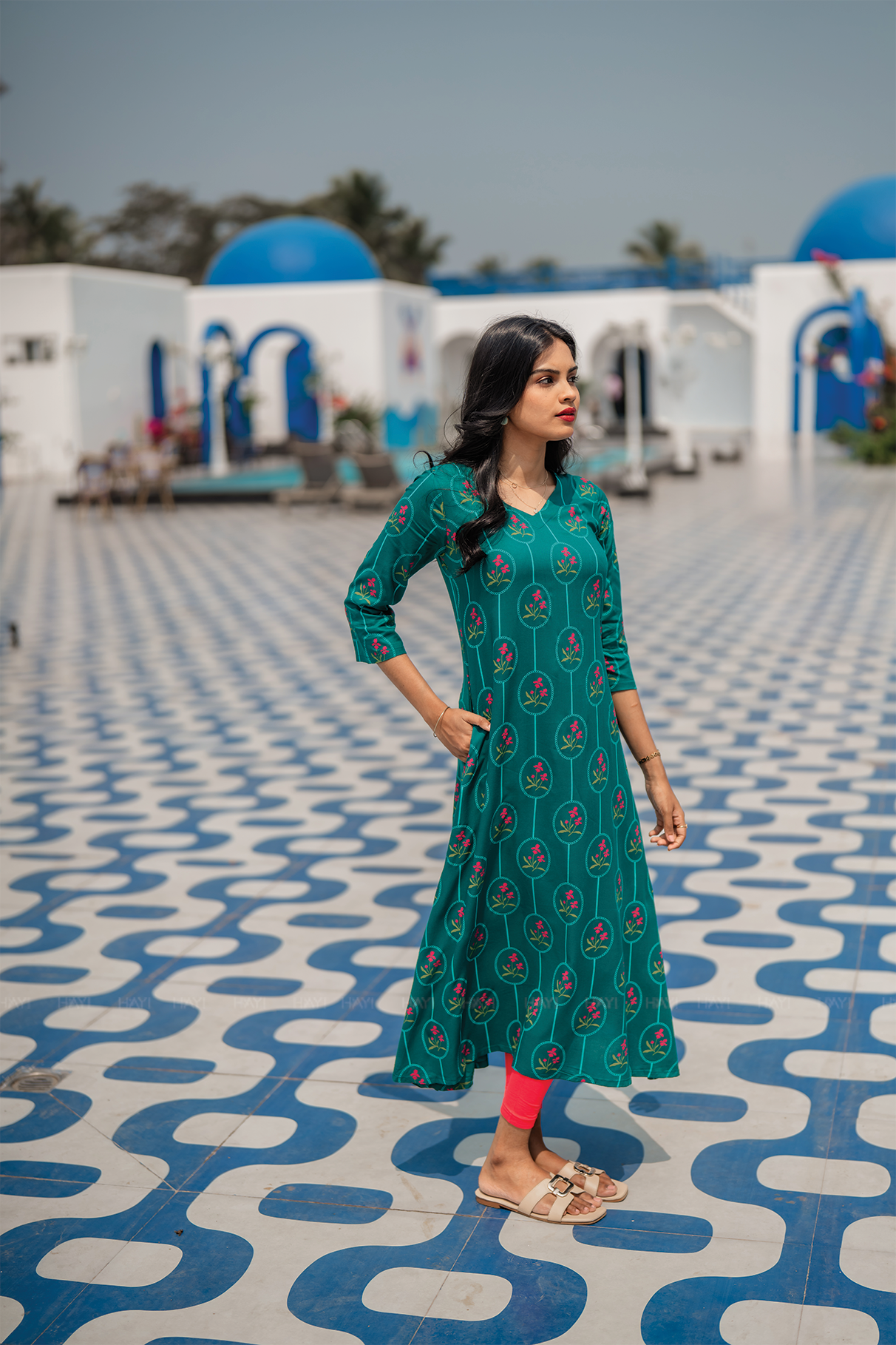 Aara Bloom Green Viscose A-Line Kurta with V-Neck &amp; 3/4th Sleeves