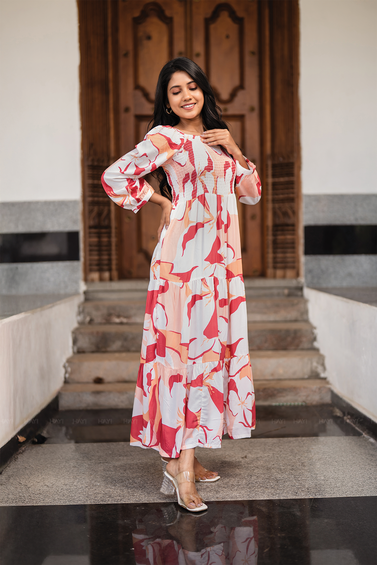 Sweet Sunset Beige Viscose Dress with Square Neckline &amp; 3/4 Sleeves with Gathered Cuffs