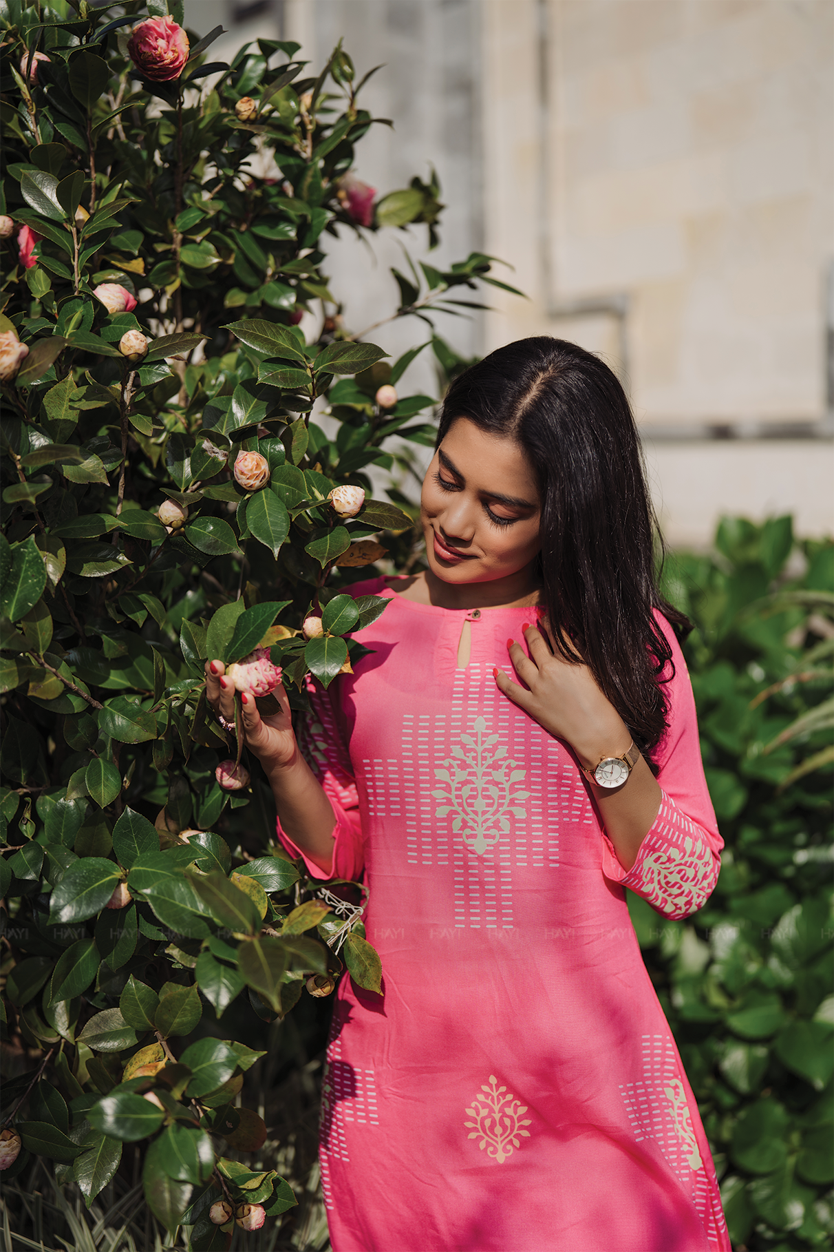 Fuchisa Charm Pink Viscose Co-ord with Boat Neck &amp; 3/4th Sleeves