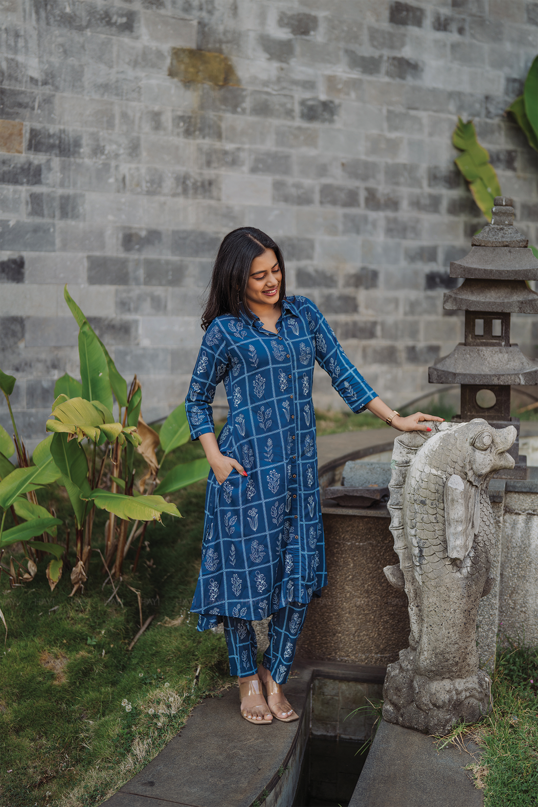 Monarch Shadow Blue Viscose Co-ord with Shirt Collar &amp; 3/4th Sleeves