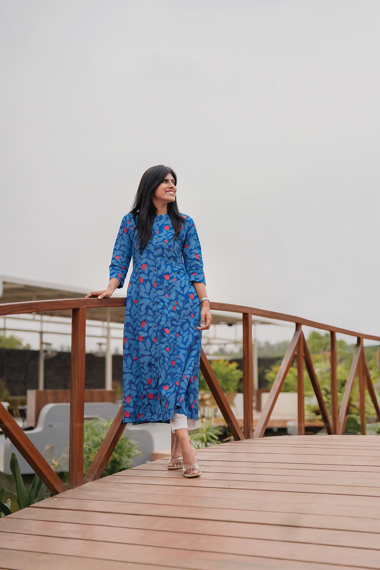 Bloomie Blue Viscose A-Line Kurta with Chinese Collar &amp; 3/4 Sleeves