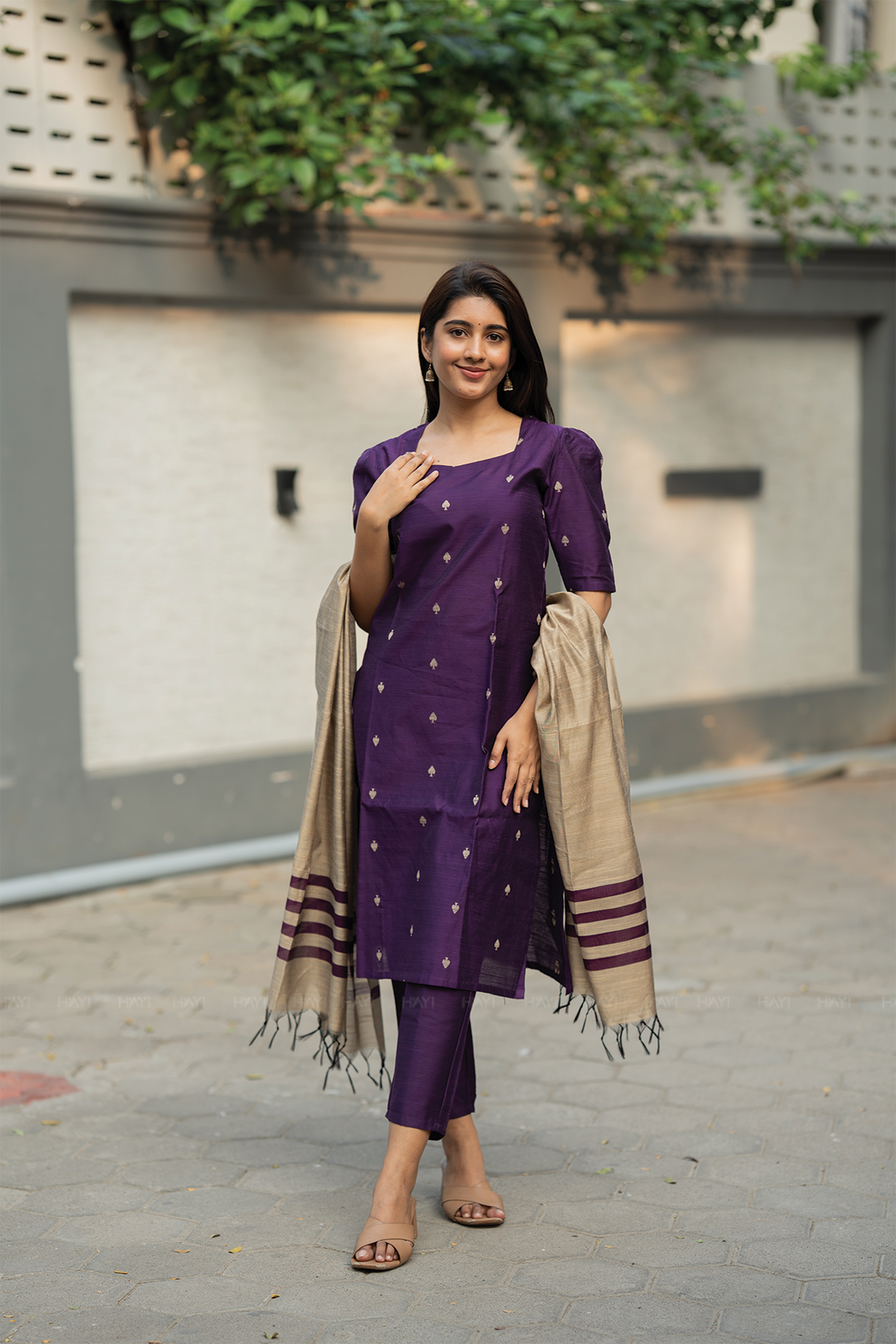 Noorvi Stripe Violet 3 Piece Viscose Jacquard Weave Kurta with Pant &amp; Dupatta