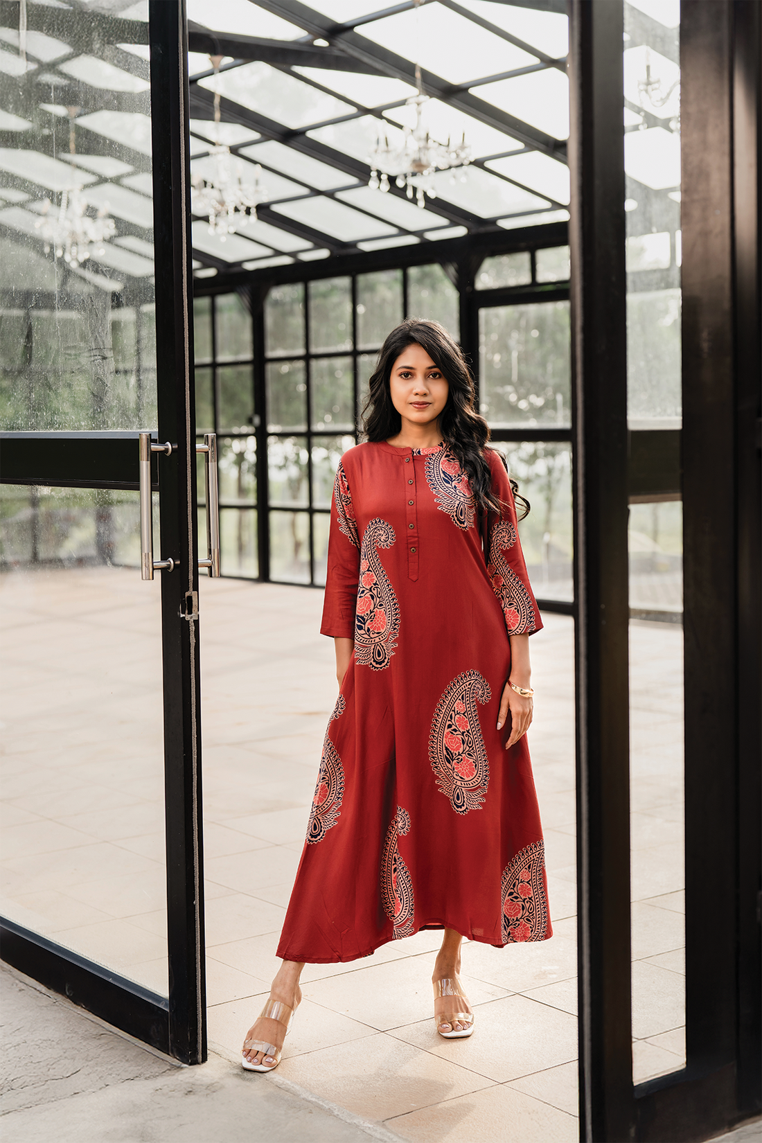 Brown Blossom Maroon Viscose A-Line Kurta with Chinese Collar &amp; 3/4th Sleeves