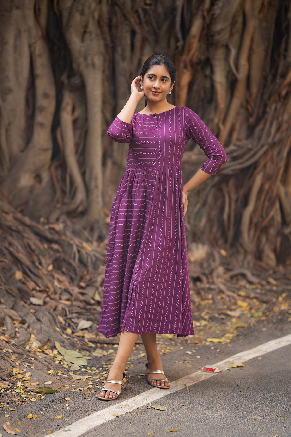 Grape Line Violet Viscose Dress with Boat Neck &amp; 3/4th Sleeves