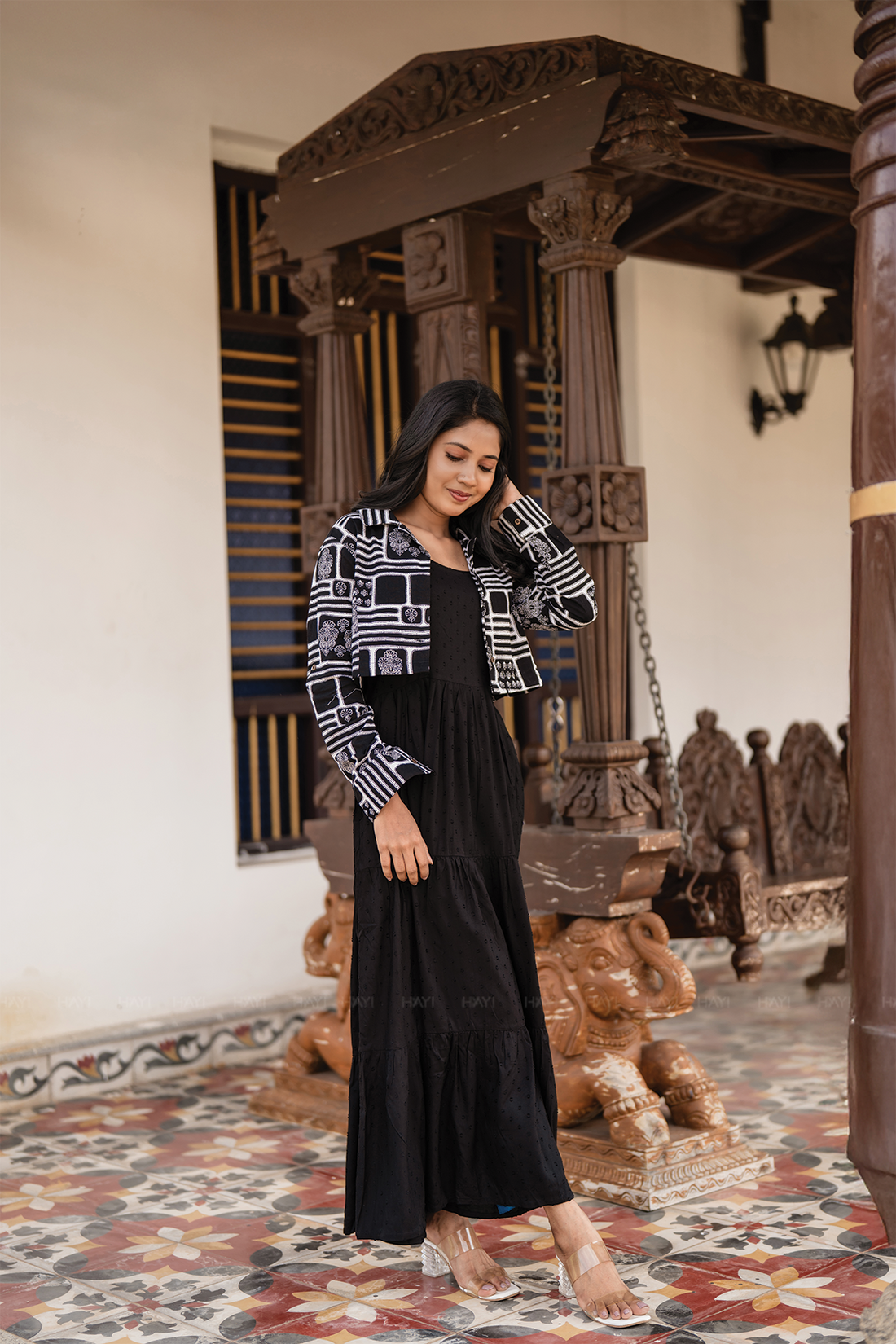 Black Script Cotton Dobby Dress with Notch Collar &amp; Overcoat