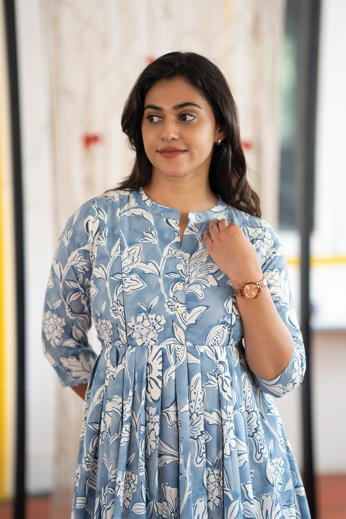 Classic Delight Blue Printed Maternity and Feeding Dress